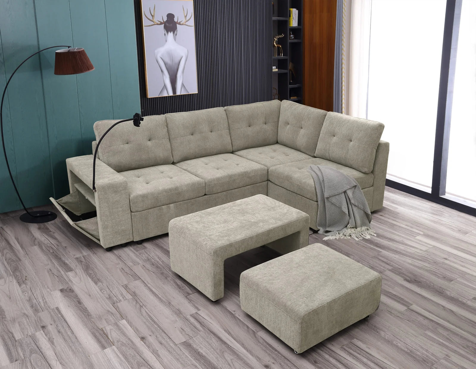Leon Sectional with Bench in Beige