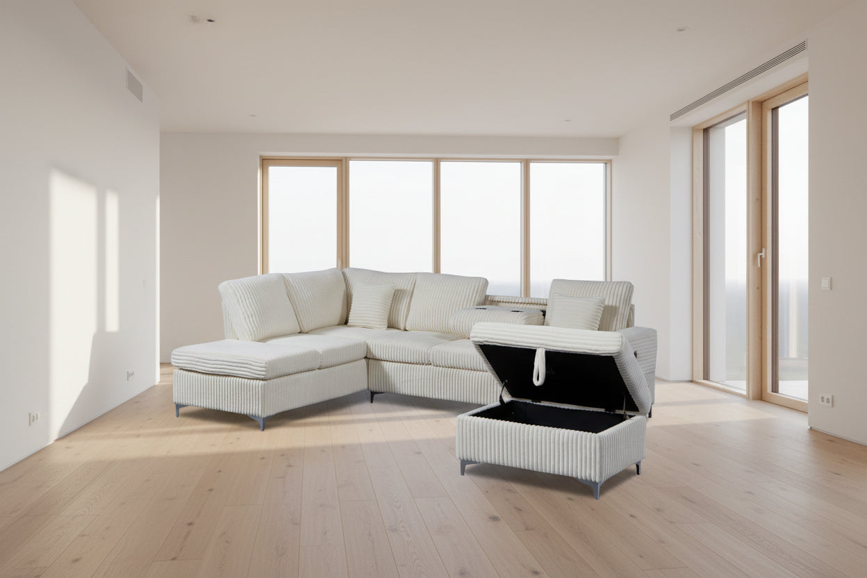 Raphael USB Sectional with Storage Ottoman in Beige