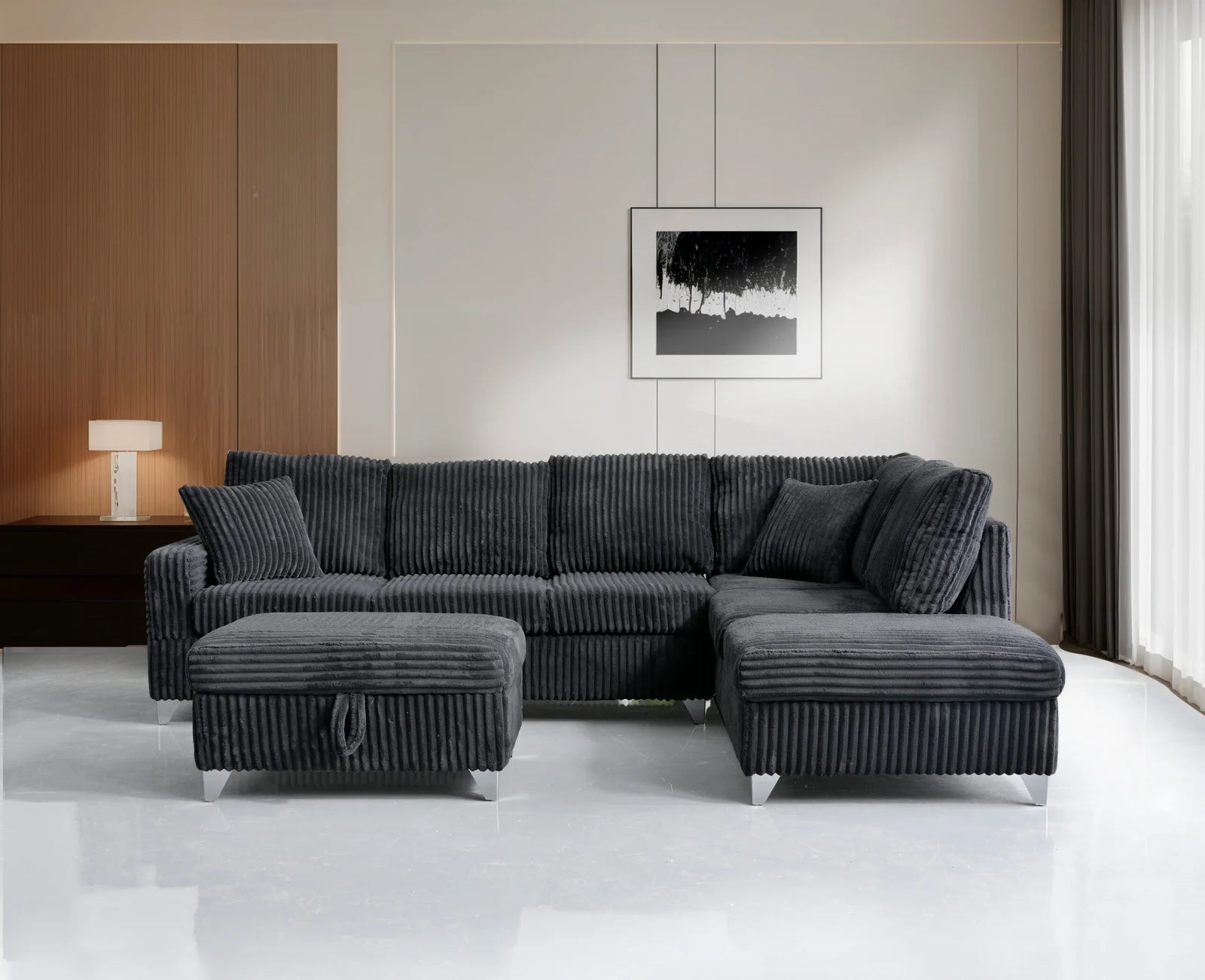 Raphael USB Sectional with Storage Ottoman in Black