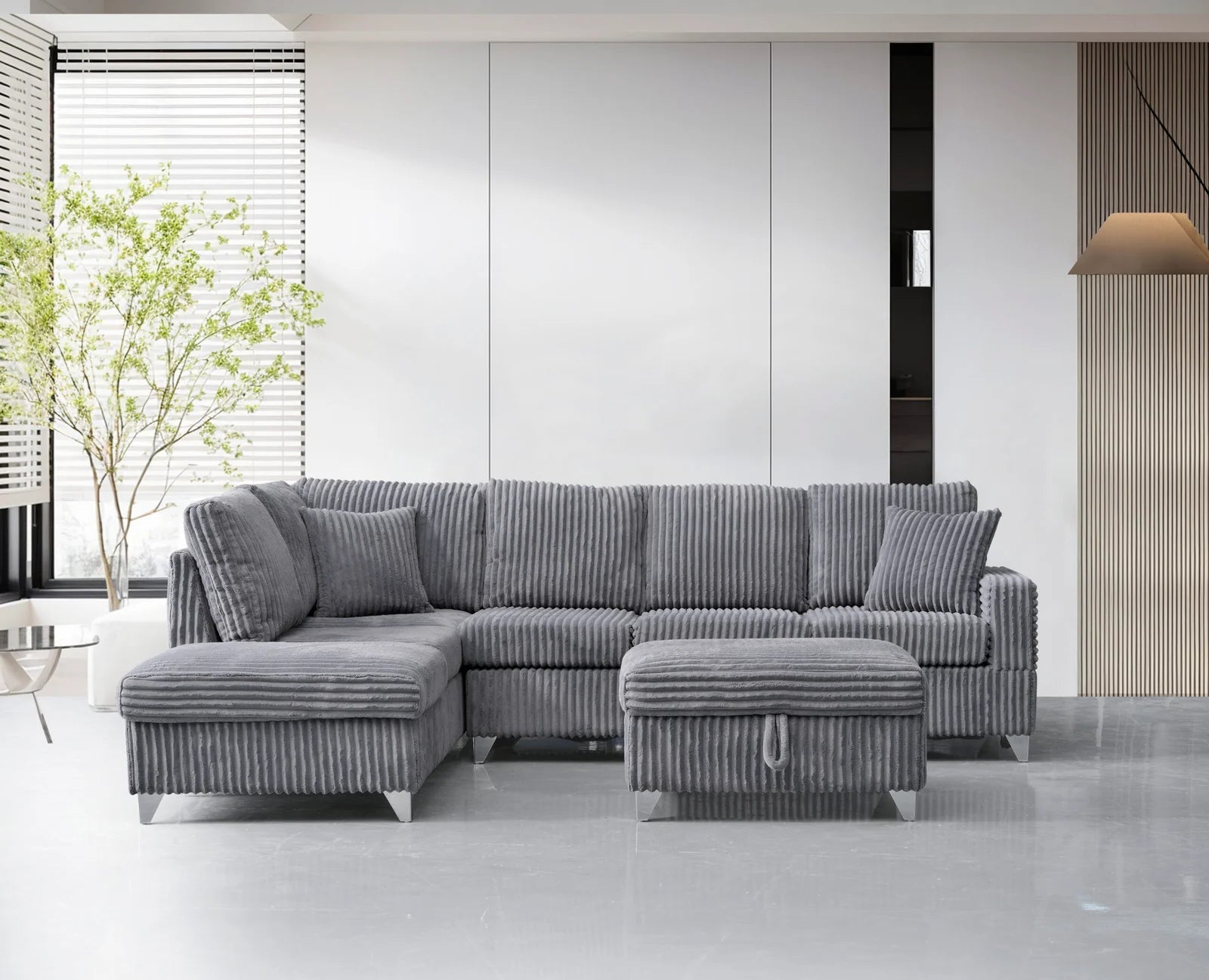 Raphael USB Sectional with Storage Ottoman in Grey