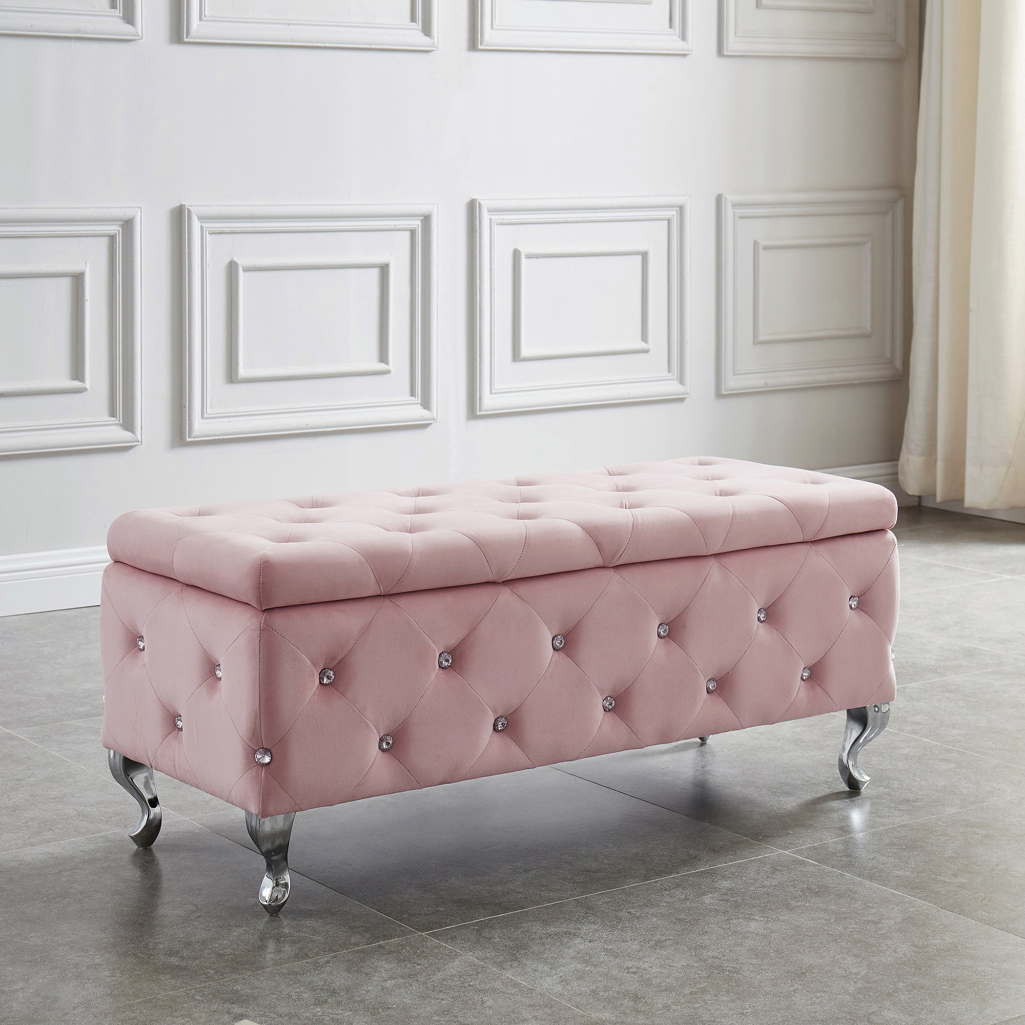 Monique Rectangular Storage Ottoman Bench in Blush Pink and Chrome