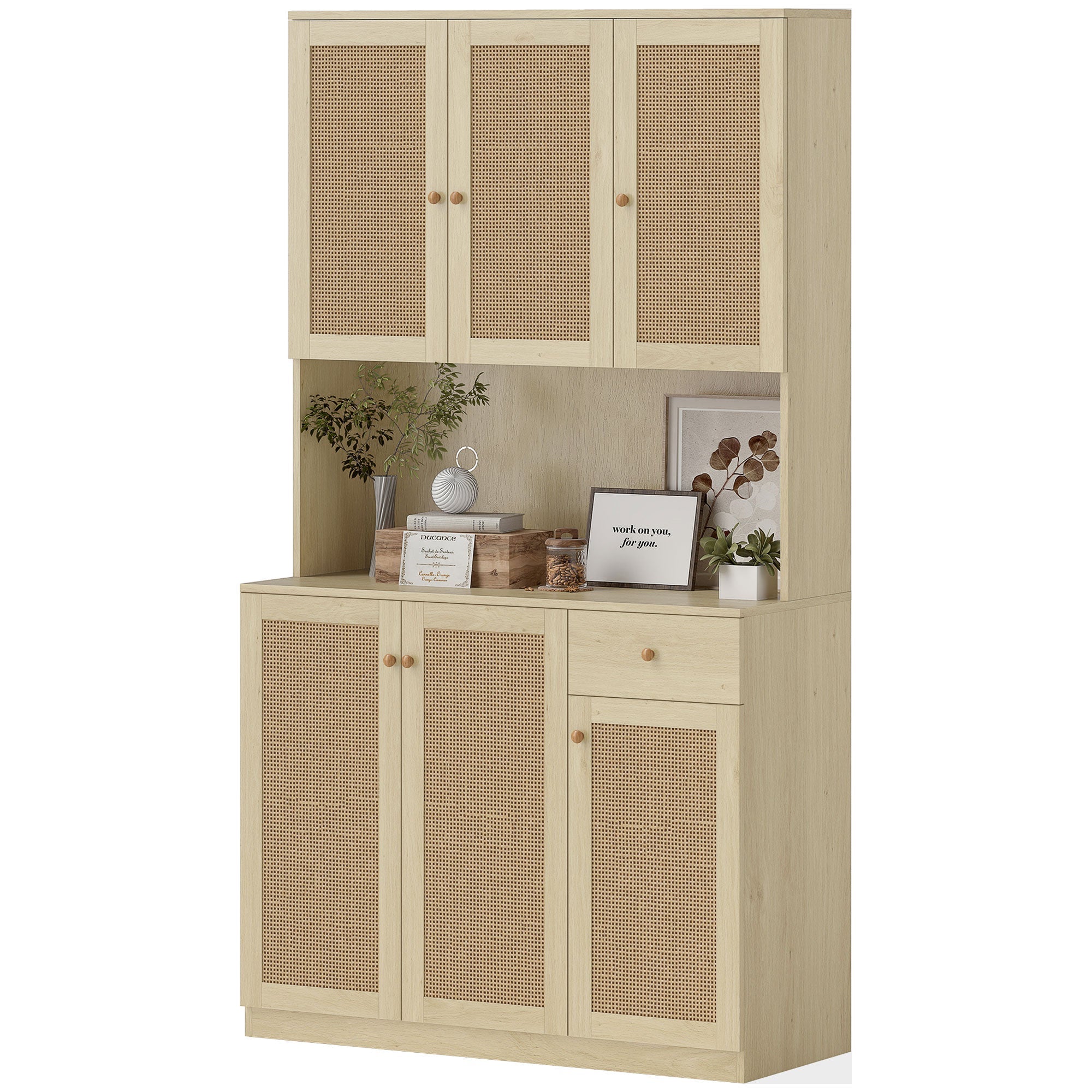 Milan Boho Kitchen Pantry Cabinet with Decorative Rattan Doors-Natural