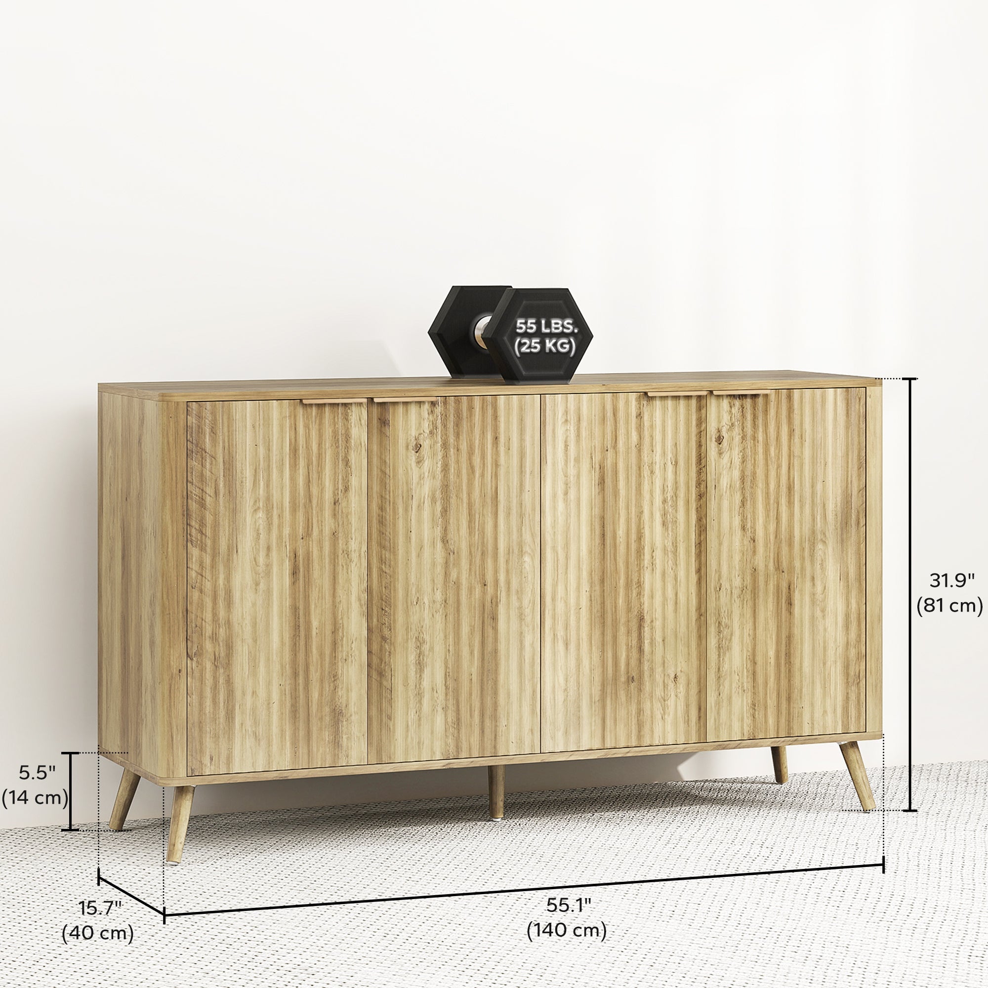 Rory 55" Modern Buffet Sideboard with 4 Fluted Doors and 2 Adjustable Shelves-Oak