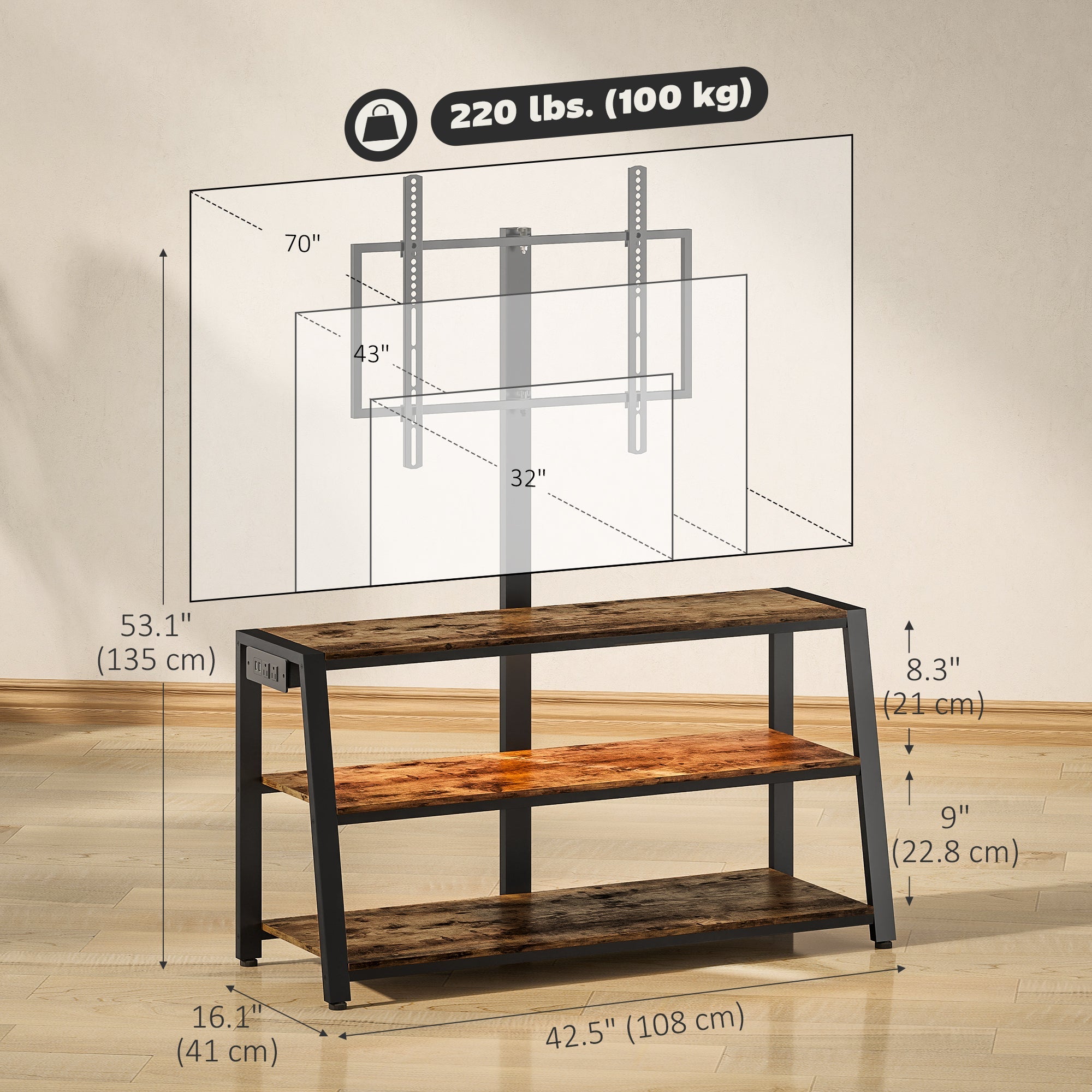 Bay TV Stand with Swivel Mount, Power Outlet and LED Lights for 32-70" TVs-Rustic Brown