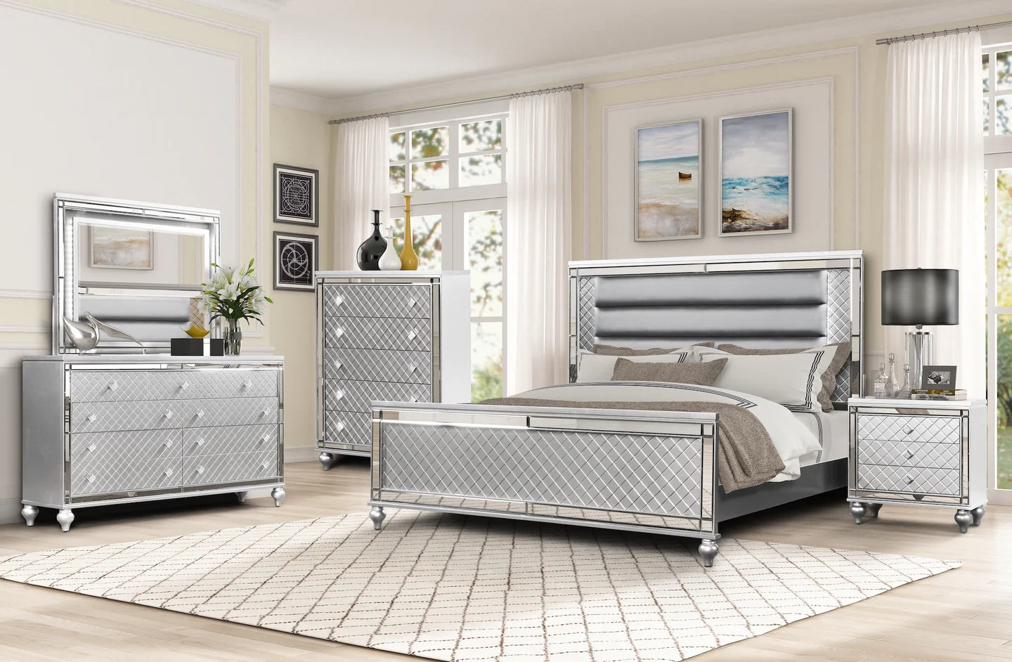 Fiona 8pc Bedroom Set in Silver