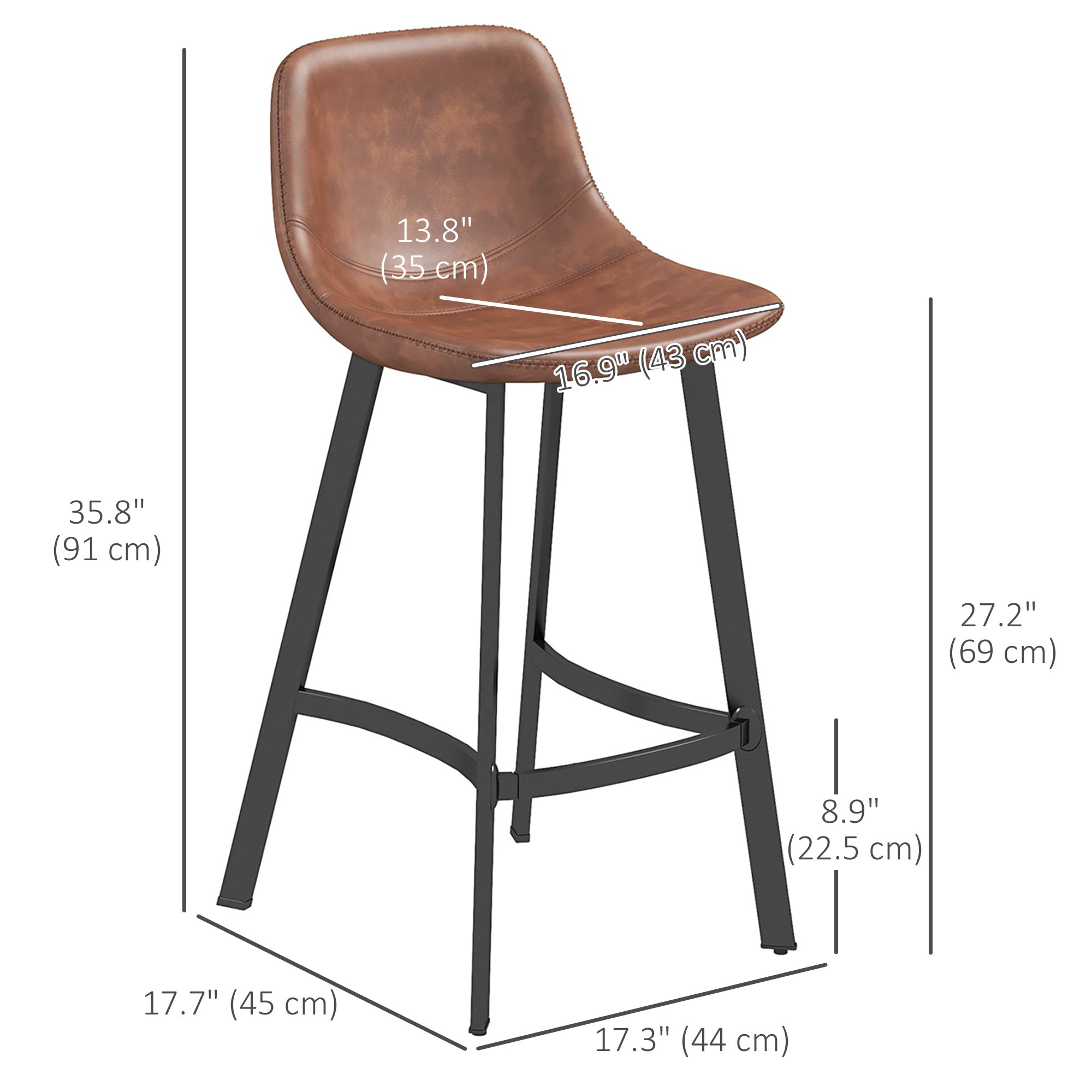 Andre Counter Height Stools with Backrest and Steel Legs-Set of 2-Brown