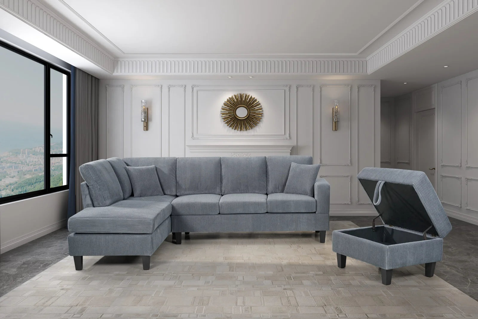 Cassidy Sectional with Storage Ottoman in Grey
