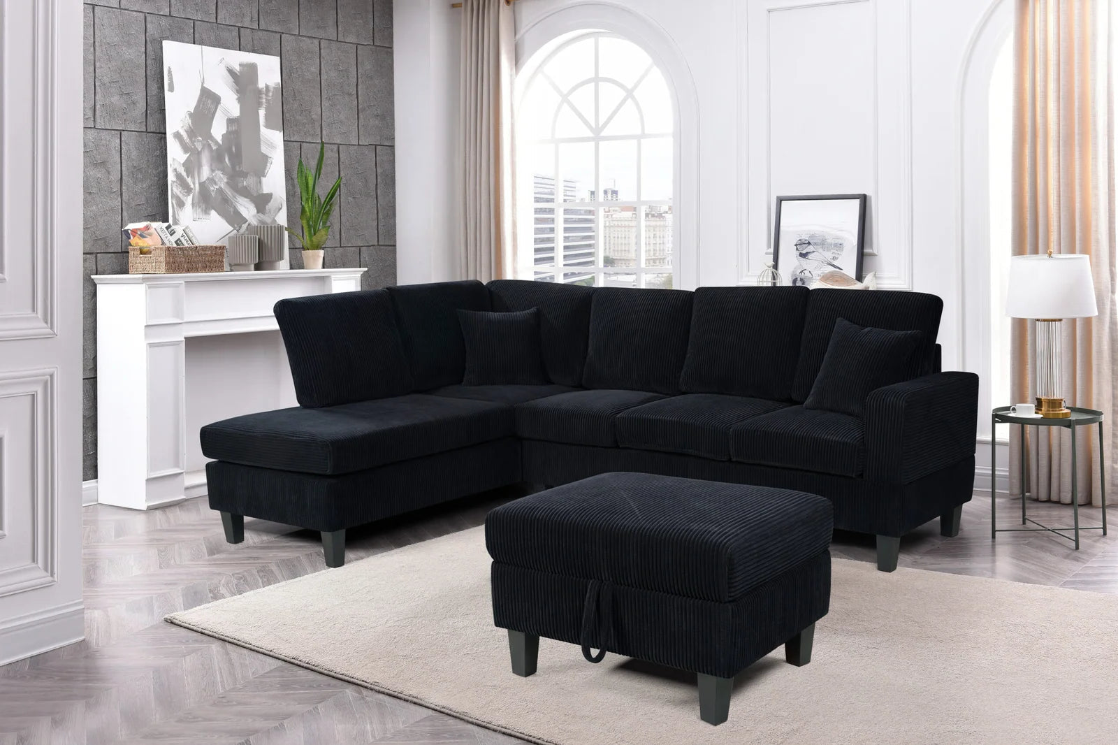 Cassidy Sectional with Storage Ottoman in Black