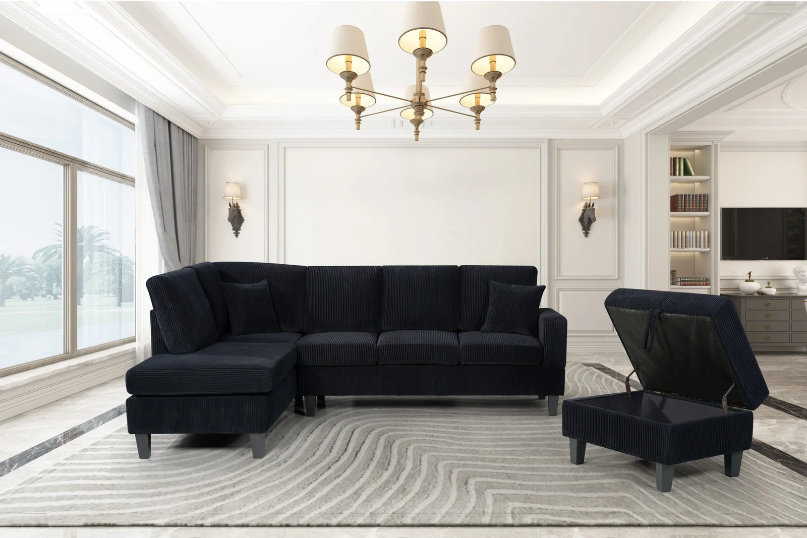 Cassidy Sectional with Storage Ottoman in Black