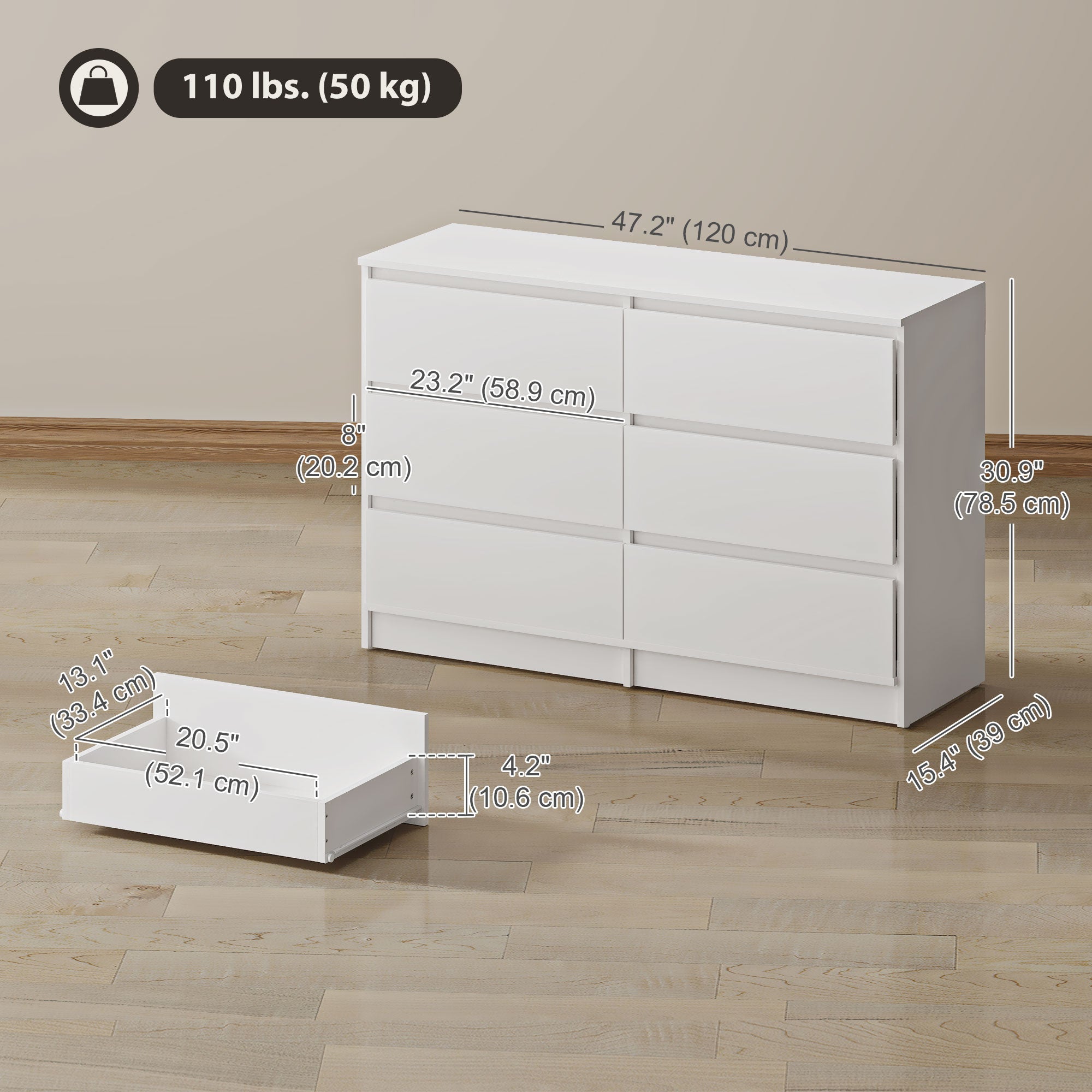 River 6 Drawer Dresser for Bedroom, Living Room or Hallway-White