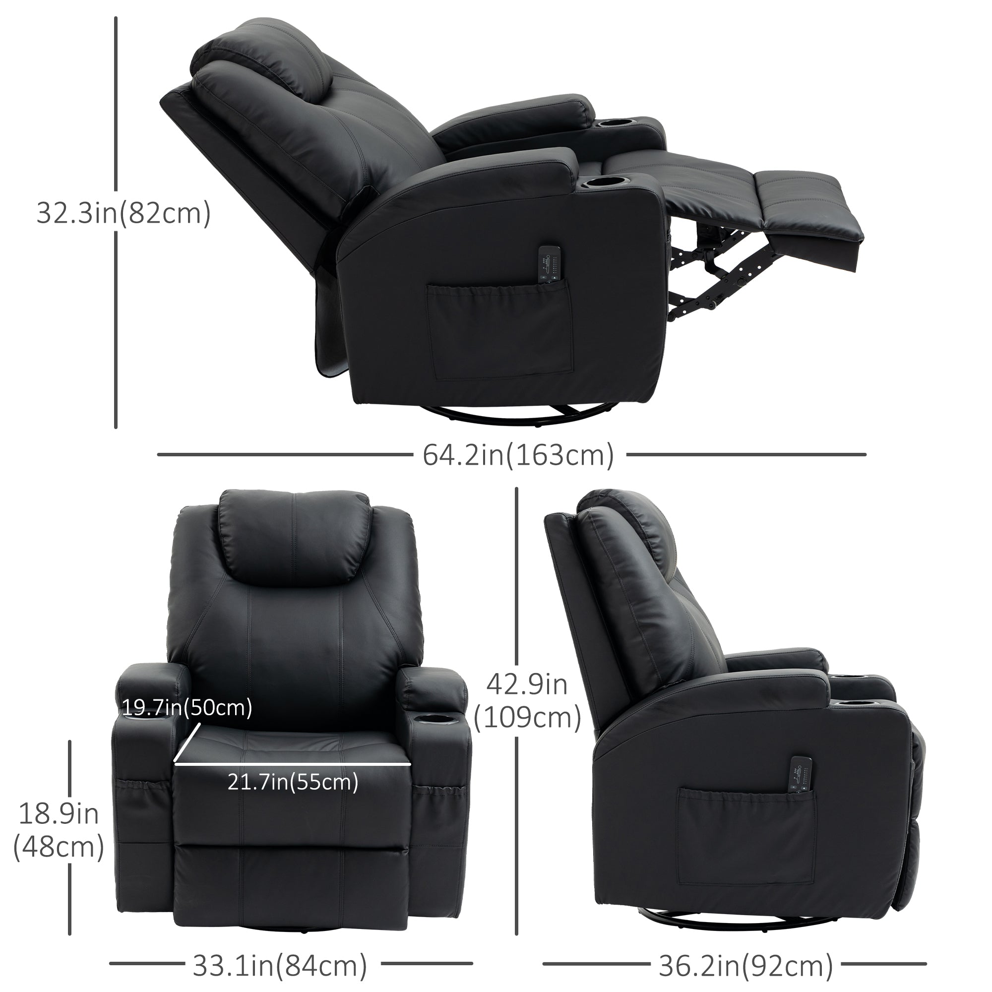 Brady Massage Recliner Chair with Swivel, Rocker Features and 8 Vibration Points-Black