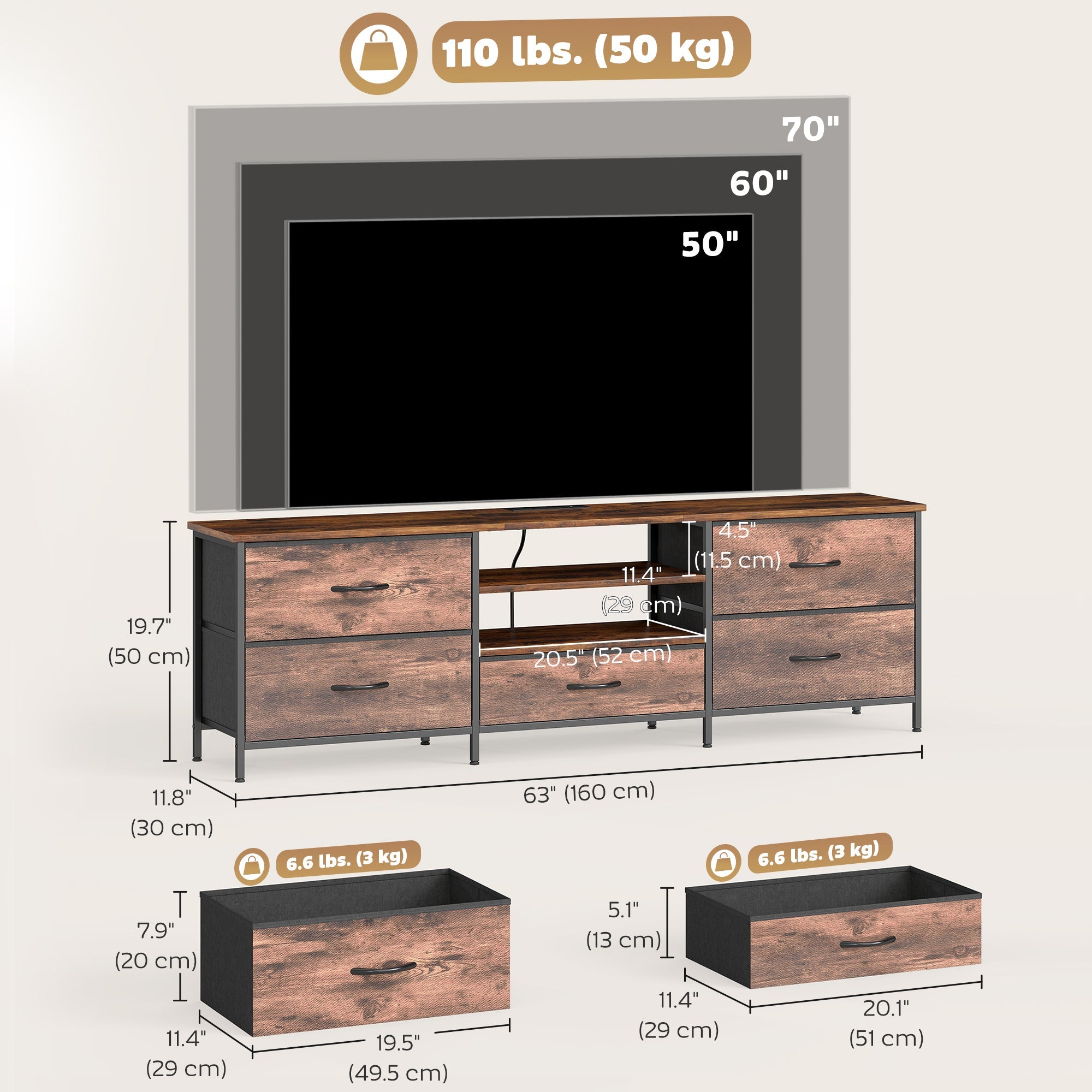 Jamie TV Stand with Charging Station for TVs up to 70 Inches-Rustic Brown