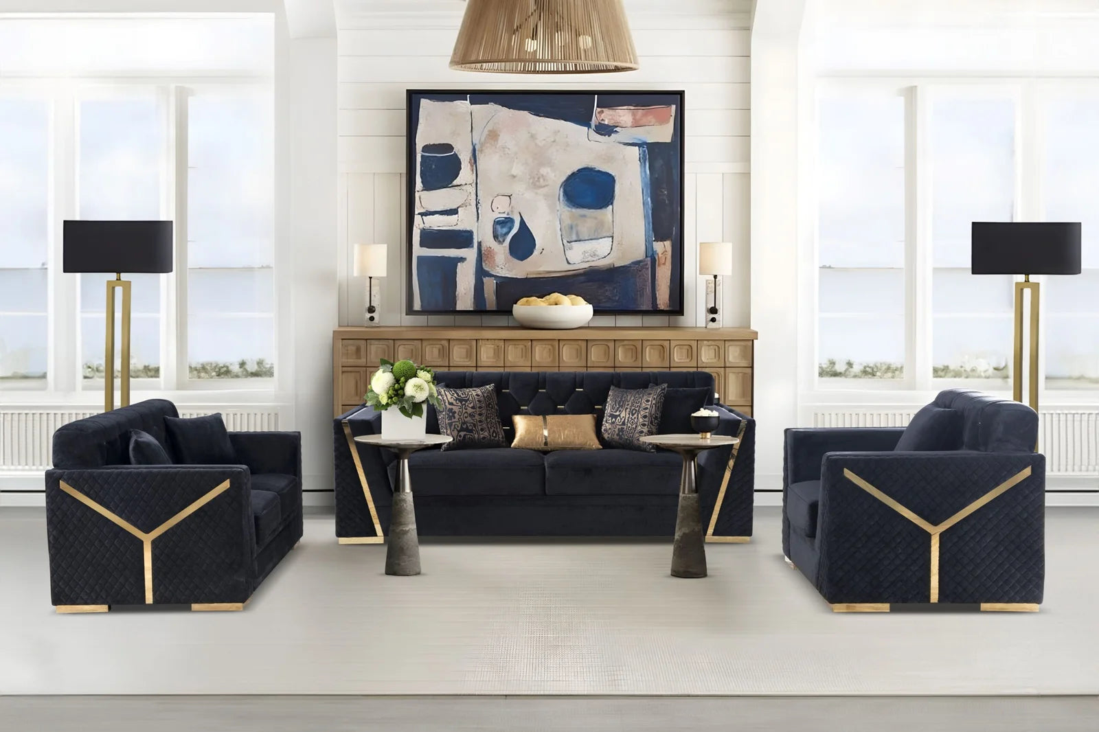 Lena 3pc Sofa Set in Black