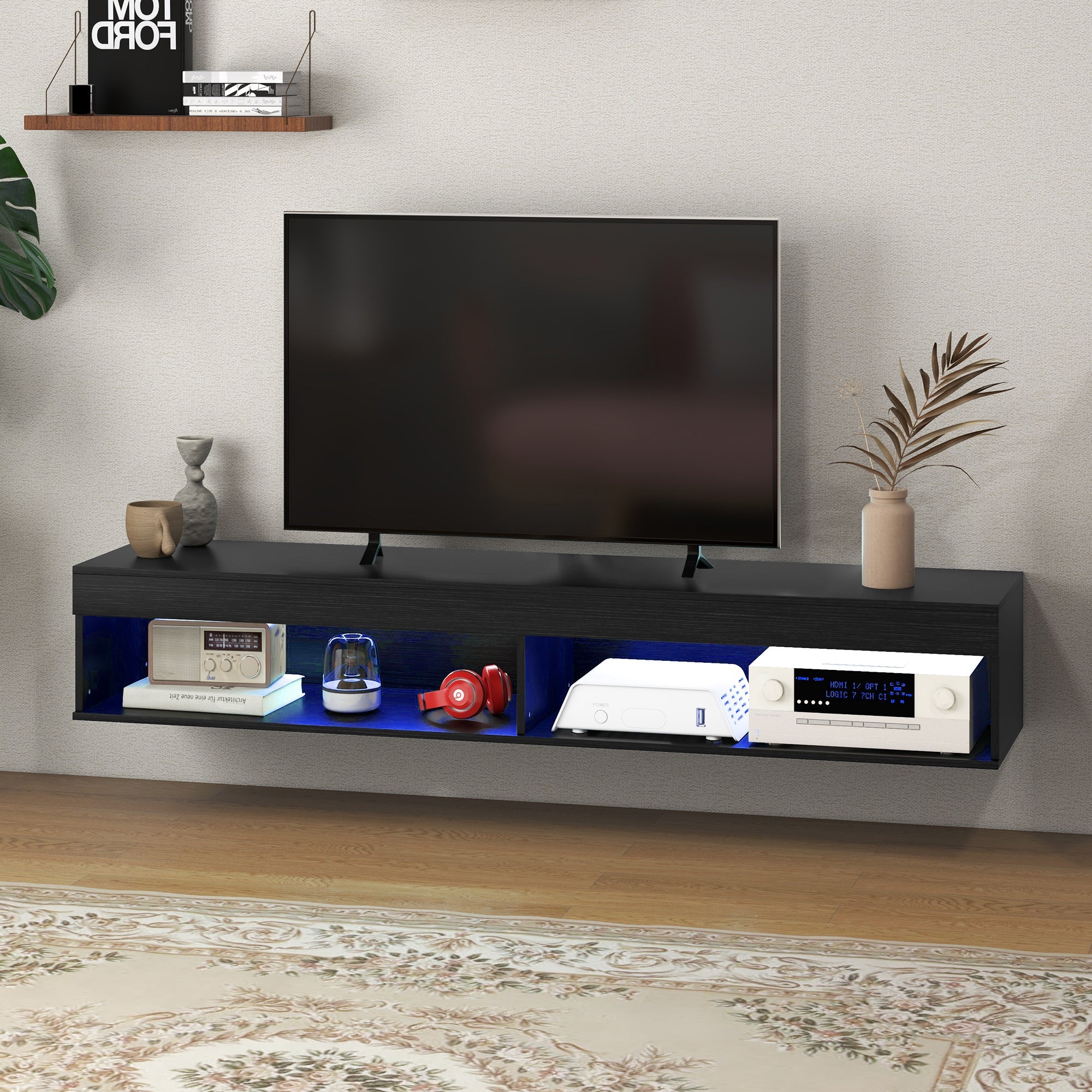 Lane Modern Wall Mounted TV Stand with Storage and LED Lights-Black