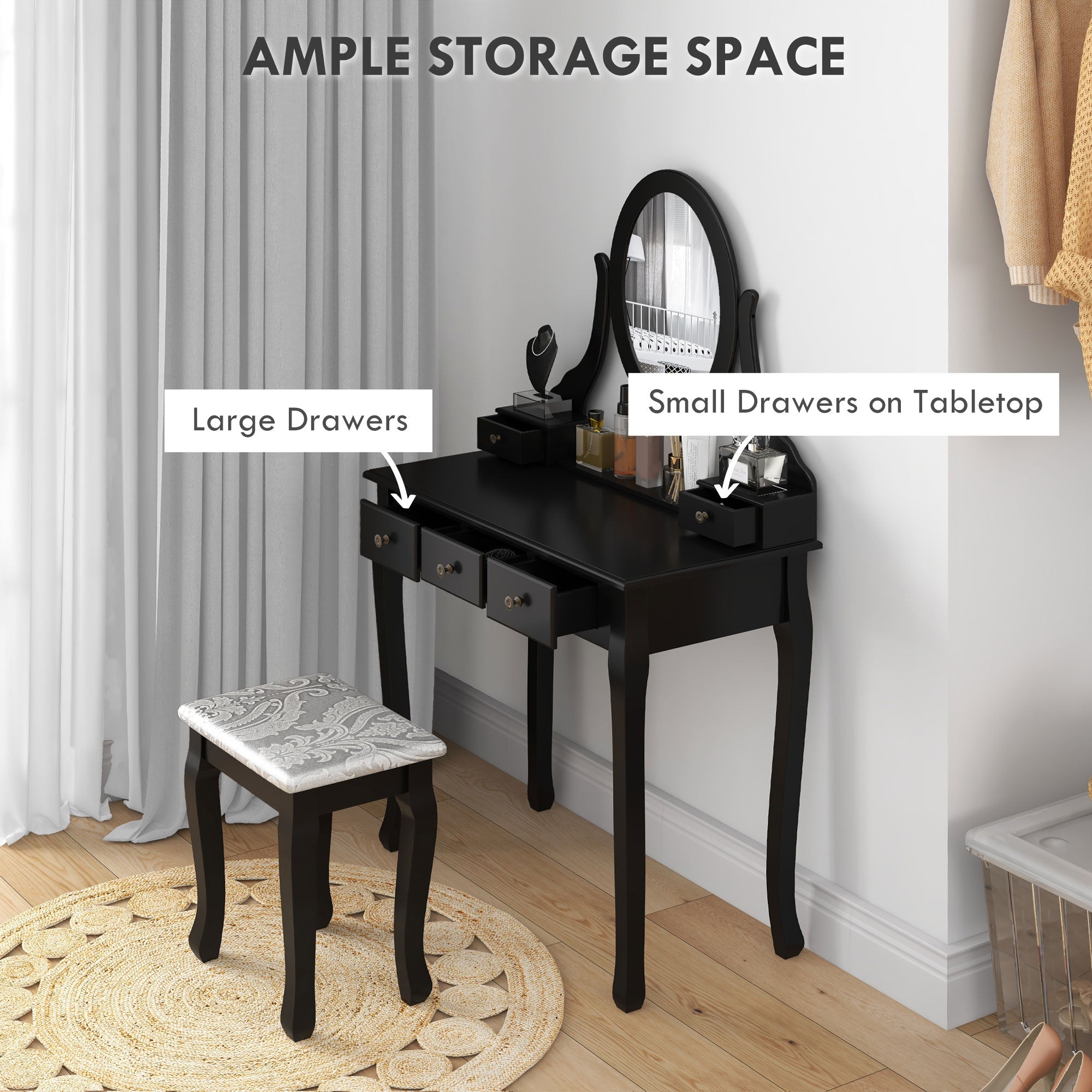 Emma Vanity Desk with Padded Stool and 360° Rotating Oval Mirror-Black