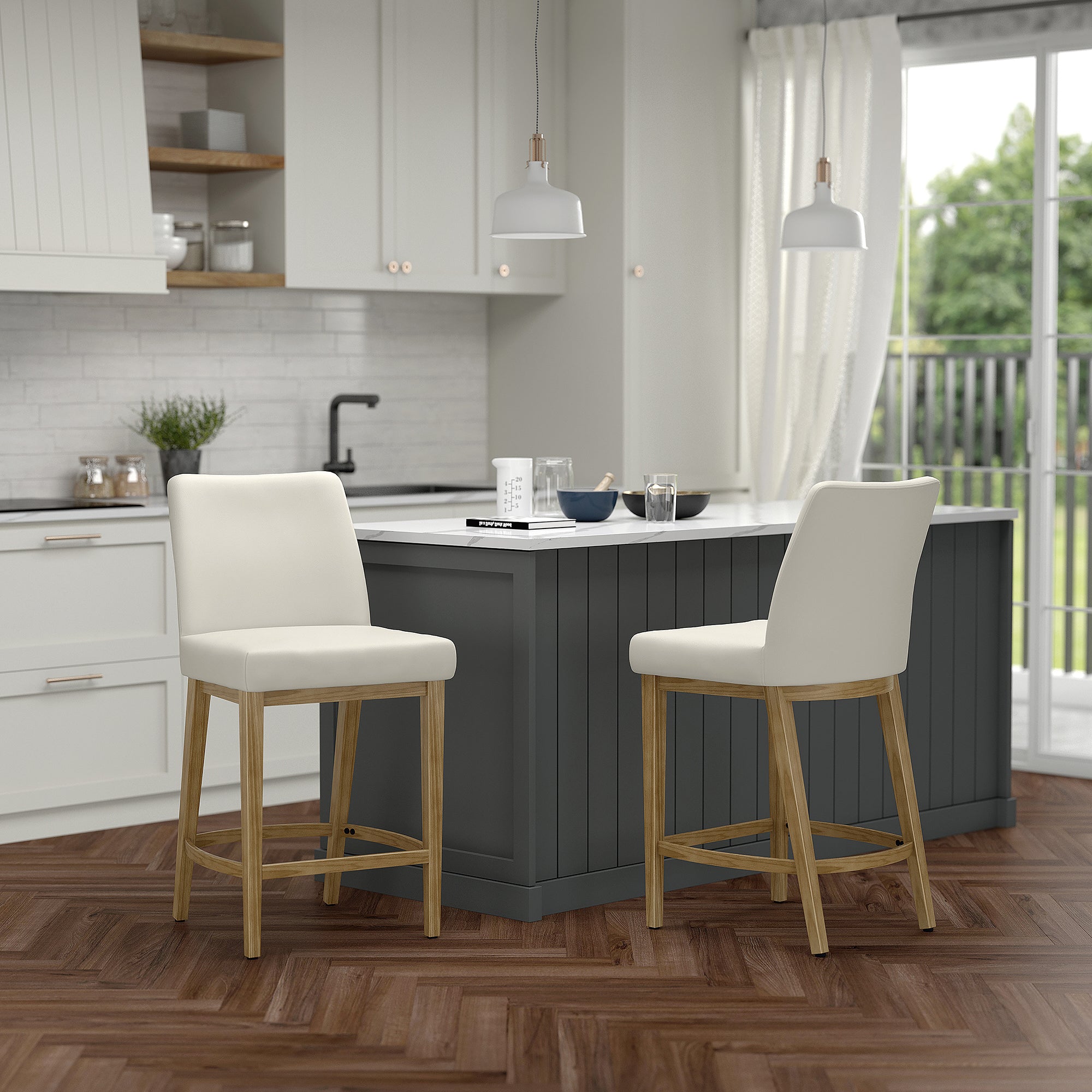 Jace 26" Counter Stool, Set of 2, in Beige Fabric and Natural