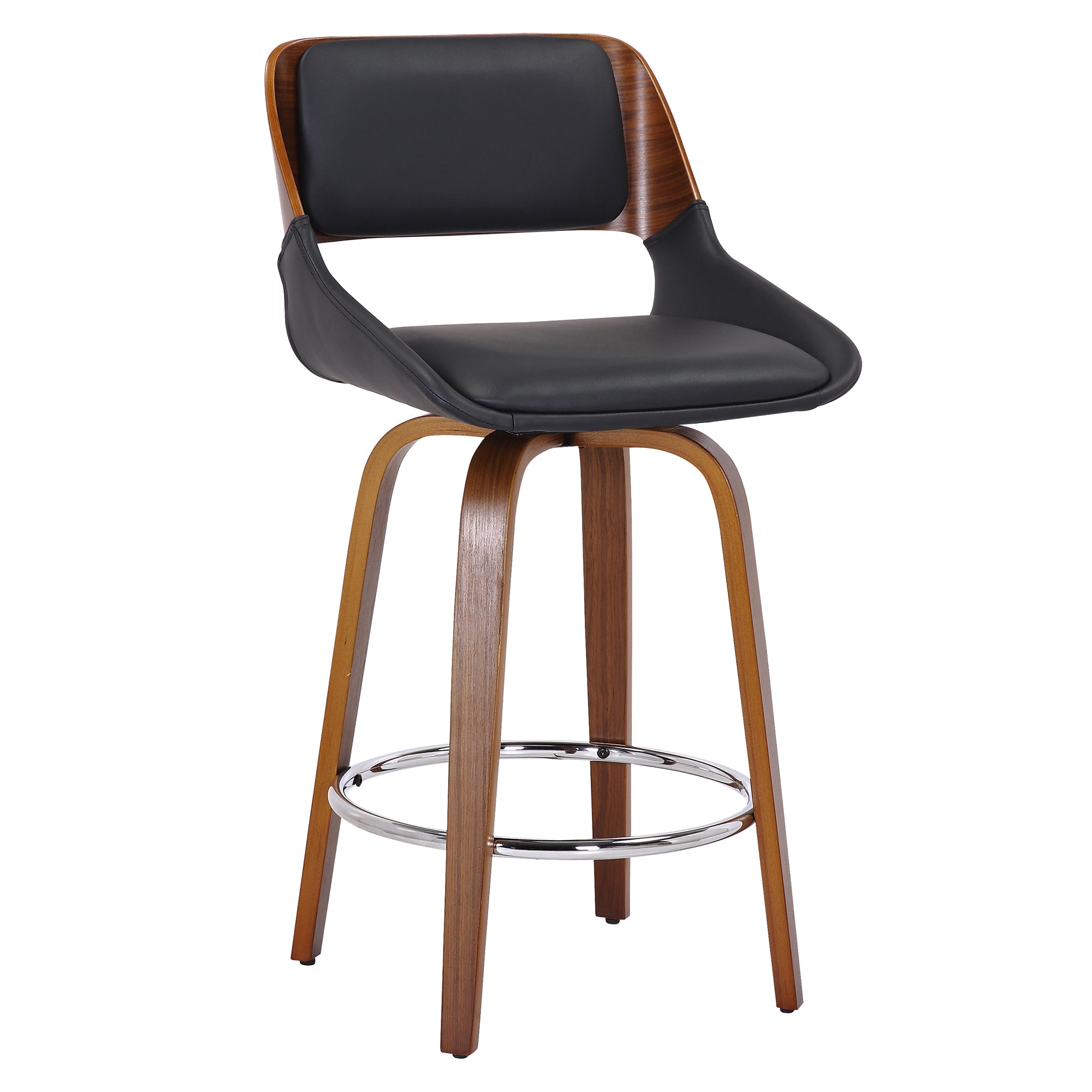 Hudson 26" Counter Stool with Swivel in Black Faux Leather and Walnut