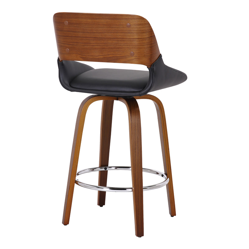 Hudson 26" Counter Stool with Swivel in Black Faux Leather and Walnut