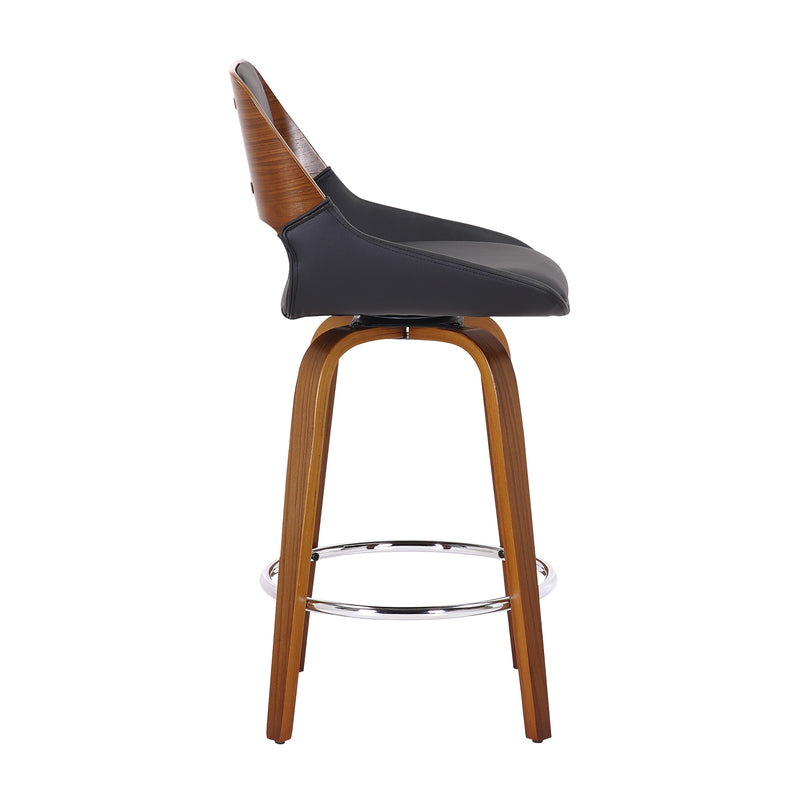 Hudson 26" Counter Stool with Swivel in Black Faux Leather and Walnut