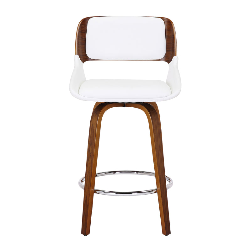 Hudson 26" Counter Stool with Swivel in White Faux Leather and Walnut