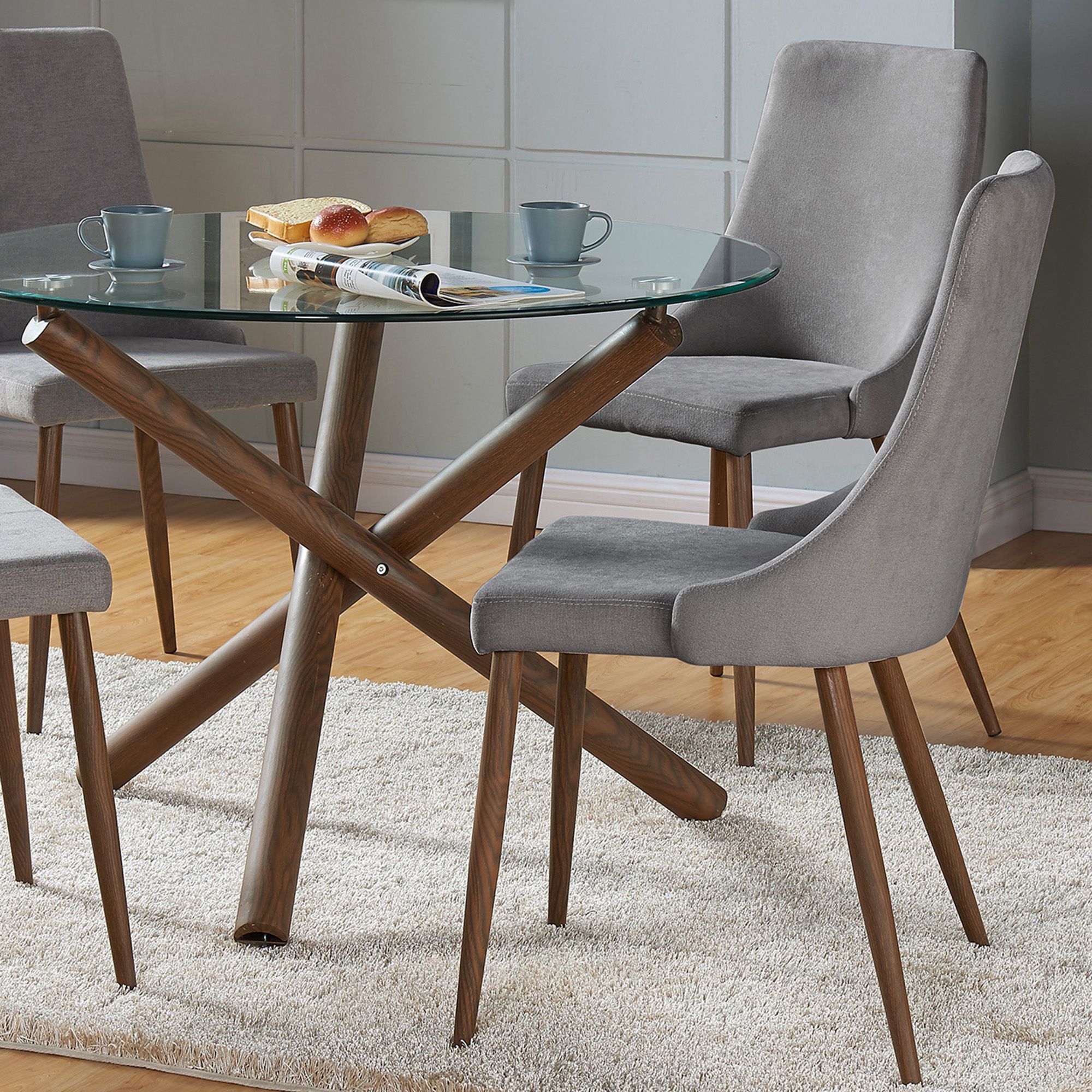 Rocca/Cora 5pc Dining Set in Walnut with Grey Chair