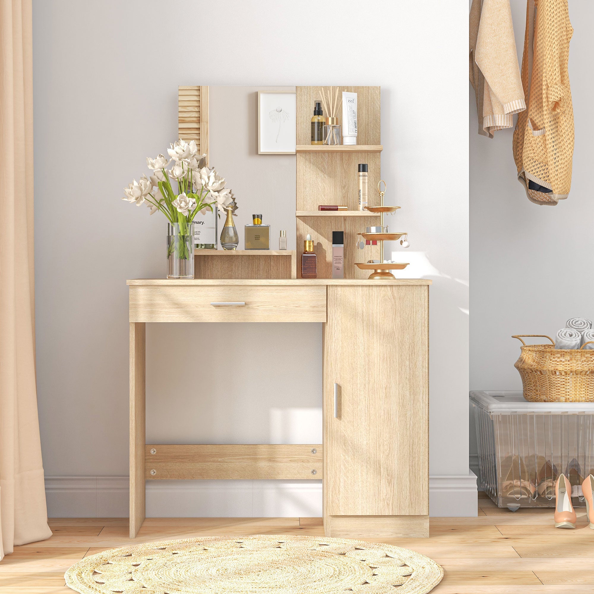 Evelyn Vanity Desk with Mirror and Adjustable Shelves