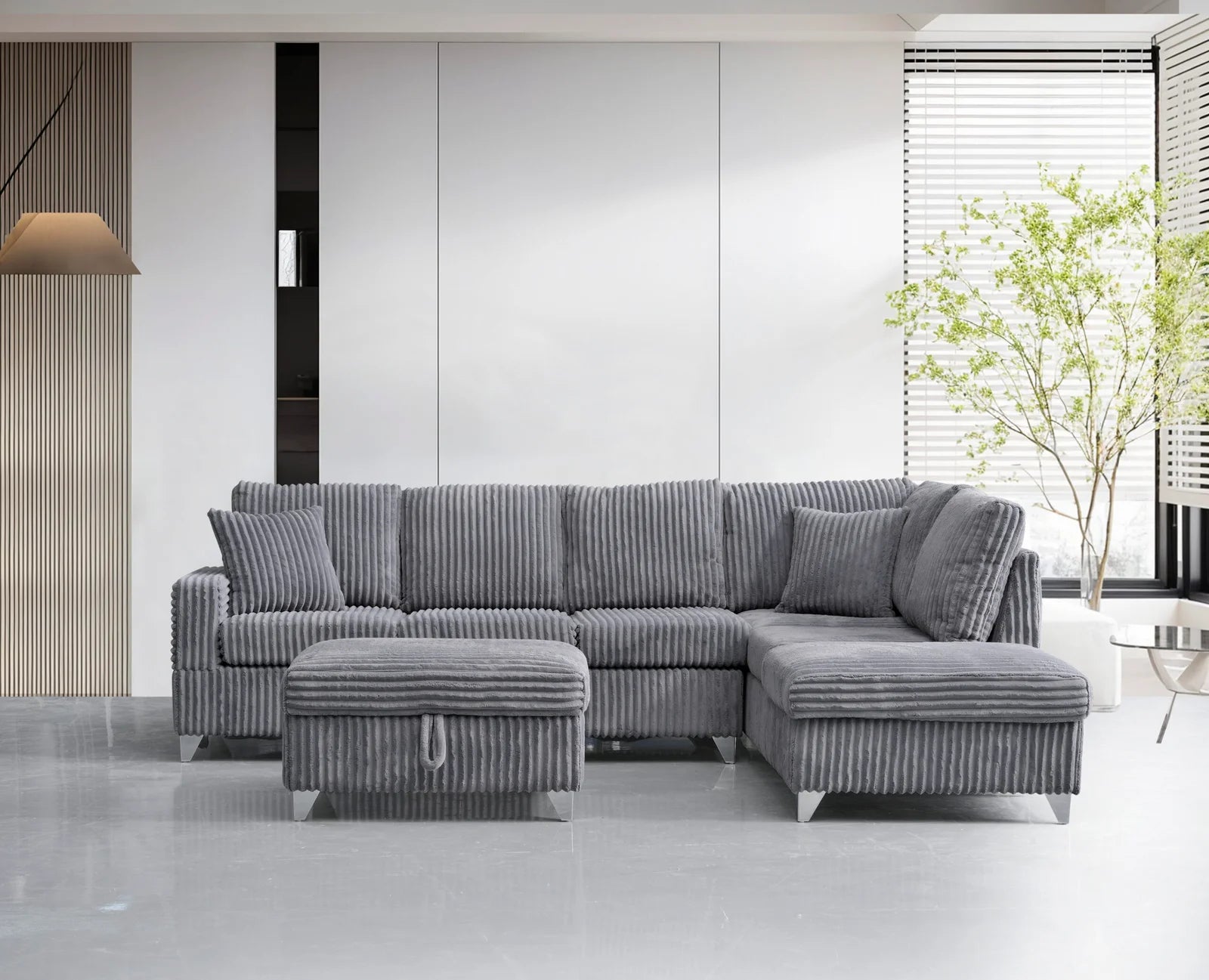 Raphael USB Sectional with Storage Ottoman in Grey
