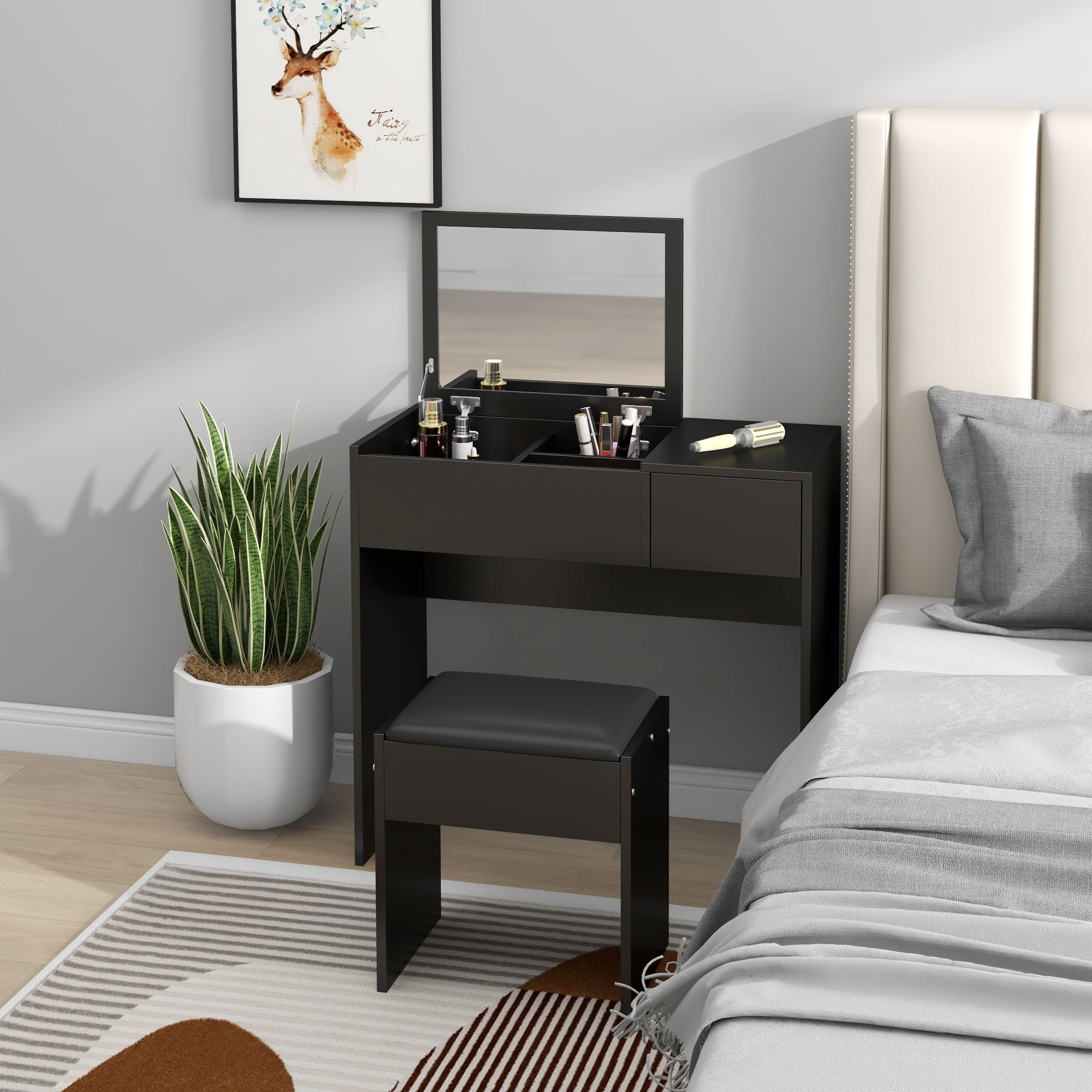 Mia Modern Vanity Set with Flip Top Mirror-Black