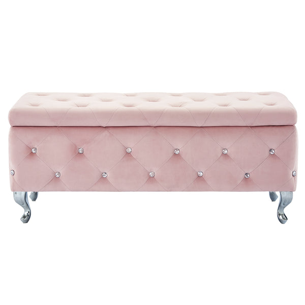 Monique Rectangular Storage Ottoman Bench in Blush Pink and Chrome