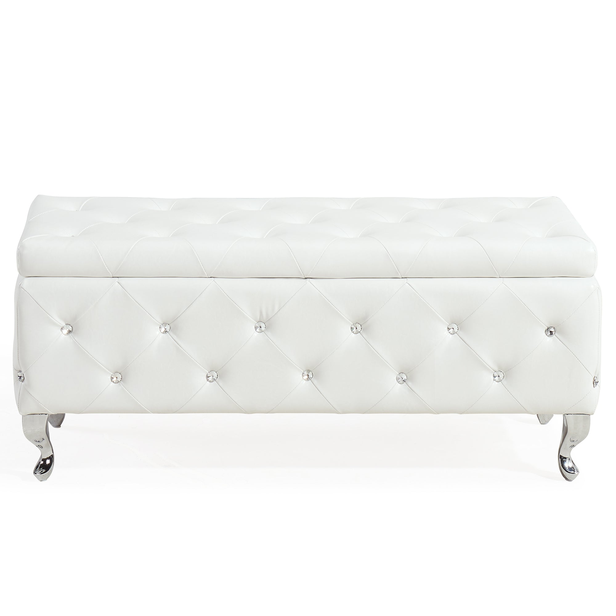 Monique Rectangular Storage Ottoman Bench in White and Chrome