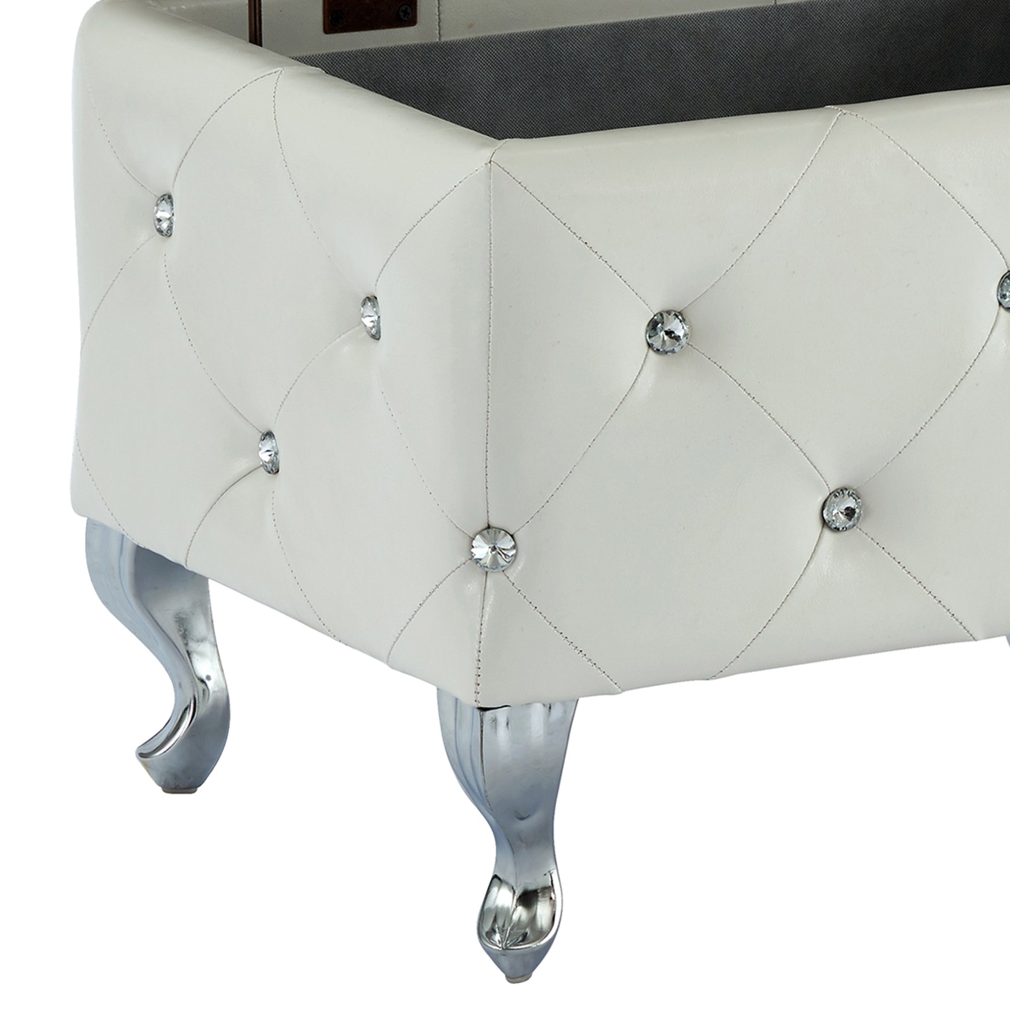 Monique Rectangular Storage Ottoman Bench in White and Chrome