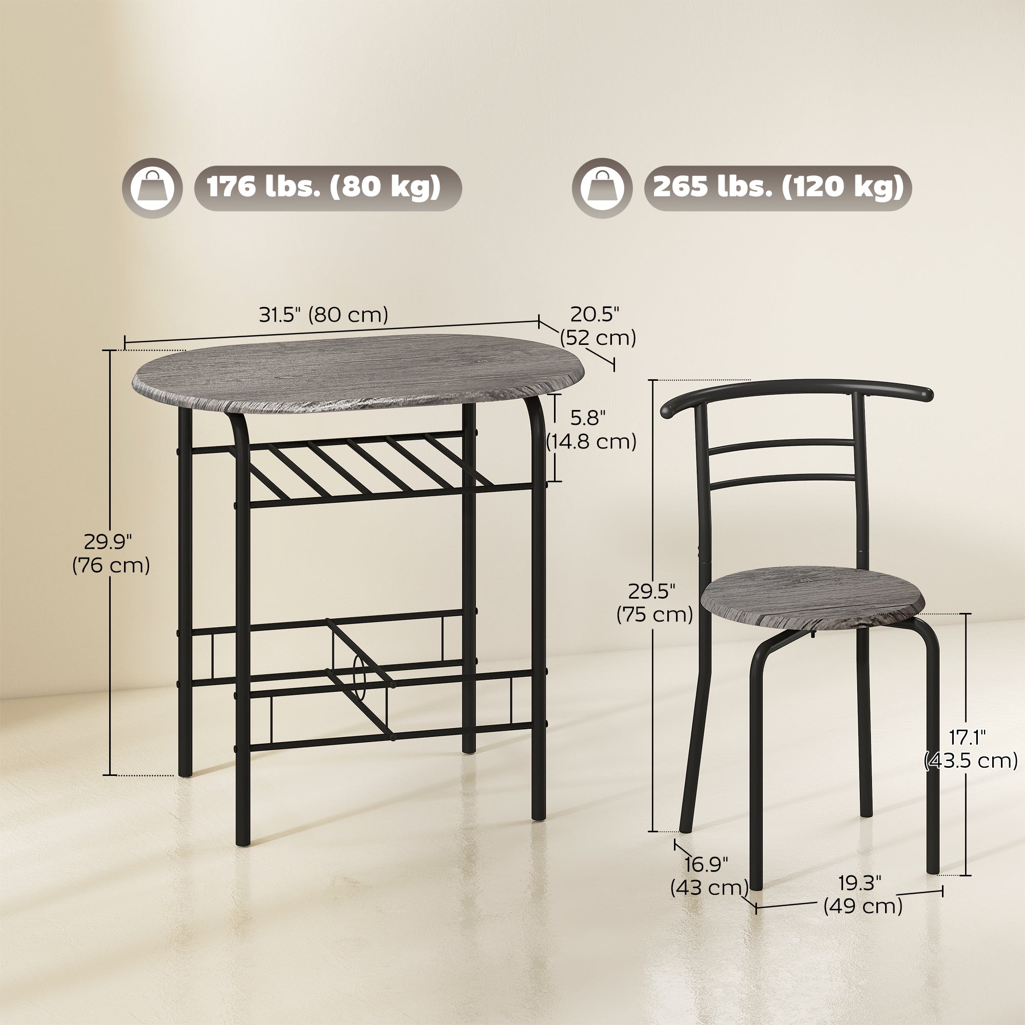 Foden 3-Piece Dining Set with Shelf, for Small Spaces-Dark Grey