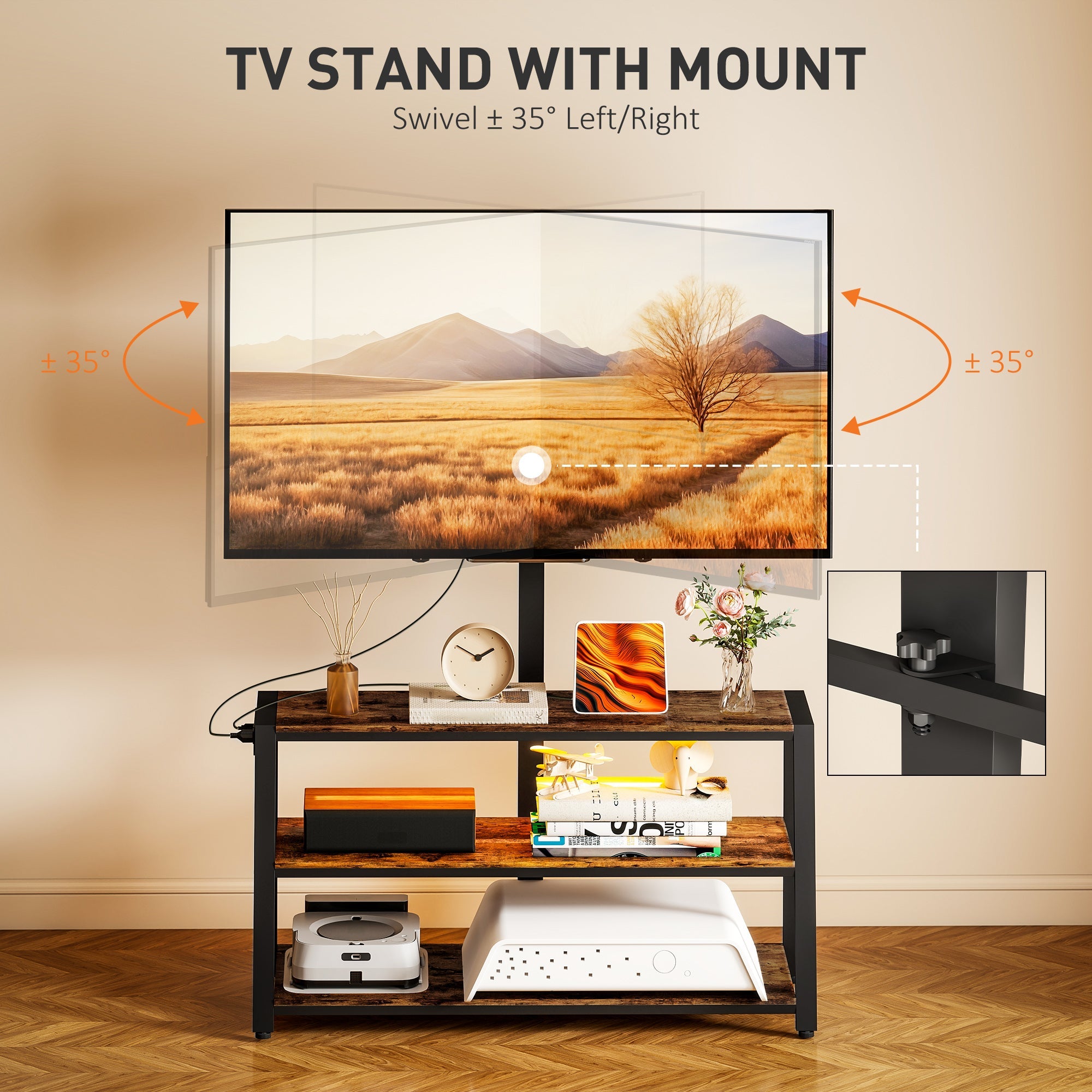 Bay TV Stand with Swivel Mount, Power Outlet and LED Lights for 32-70" TVs-Rustic Brown