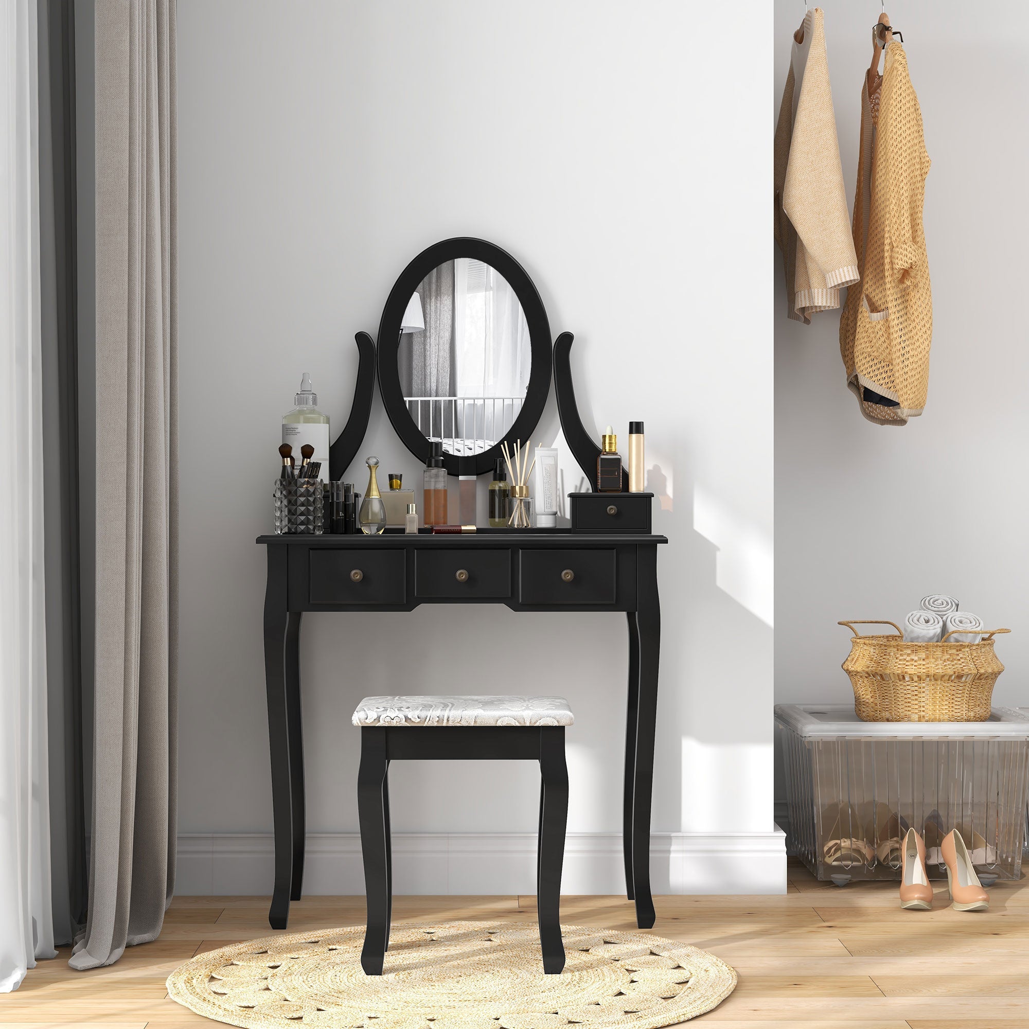 Emma Vanity Desk with Padded Stool and 360° Rotating Oval Mirror-Black