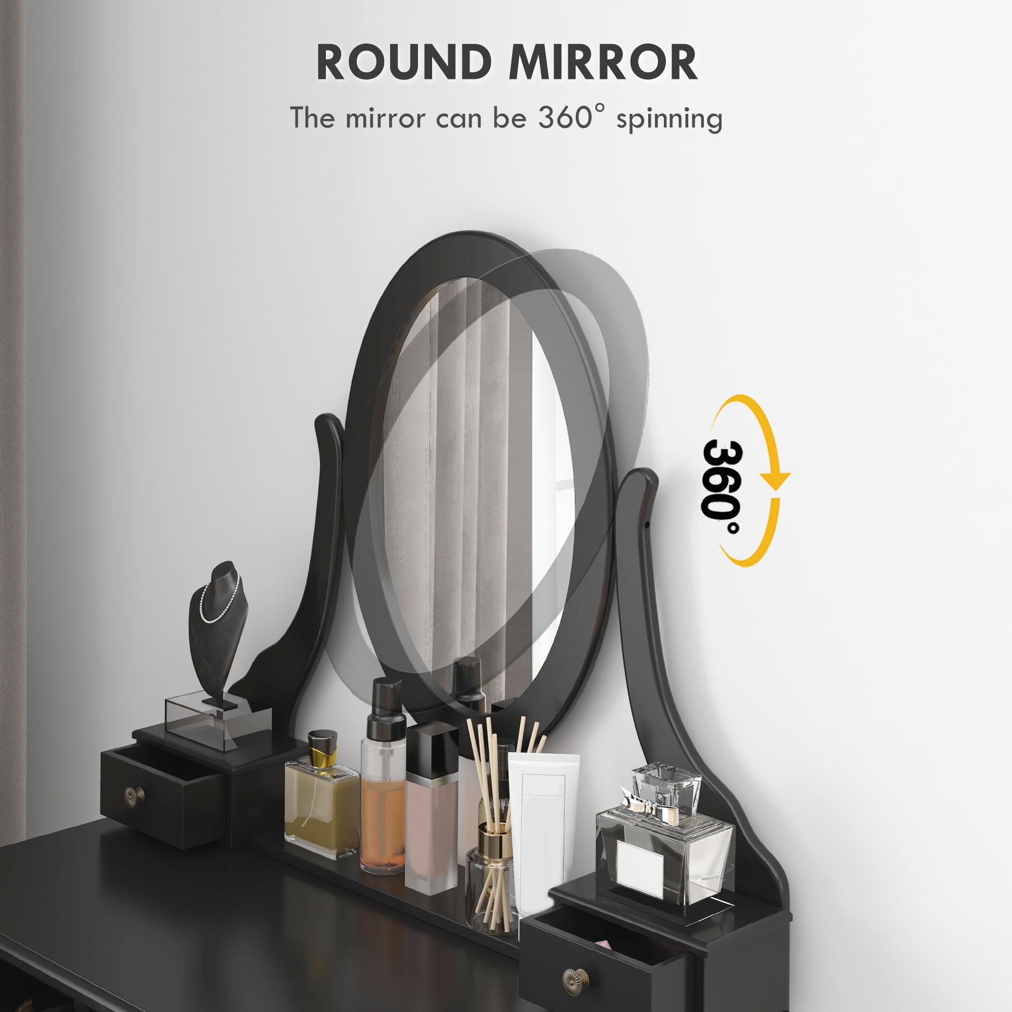 Emma Vanity Desk with Padded Stool and 360° Rotating Oval Mirror-Black