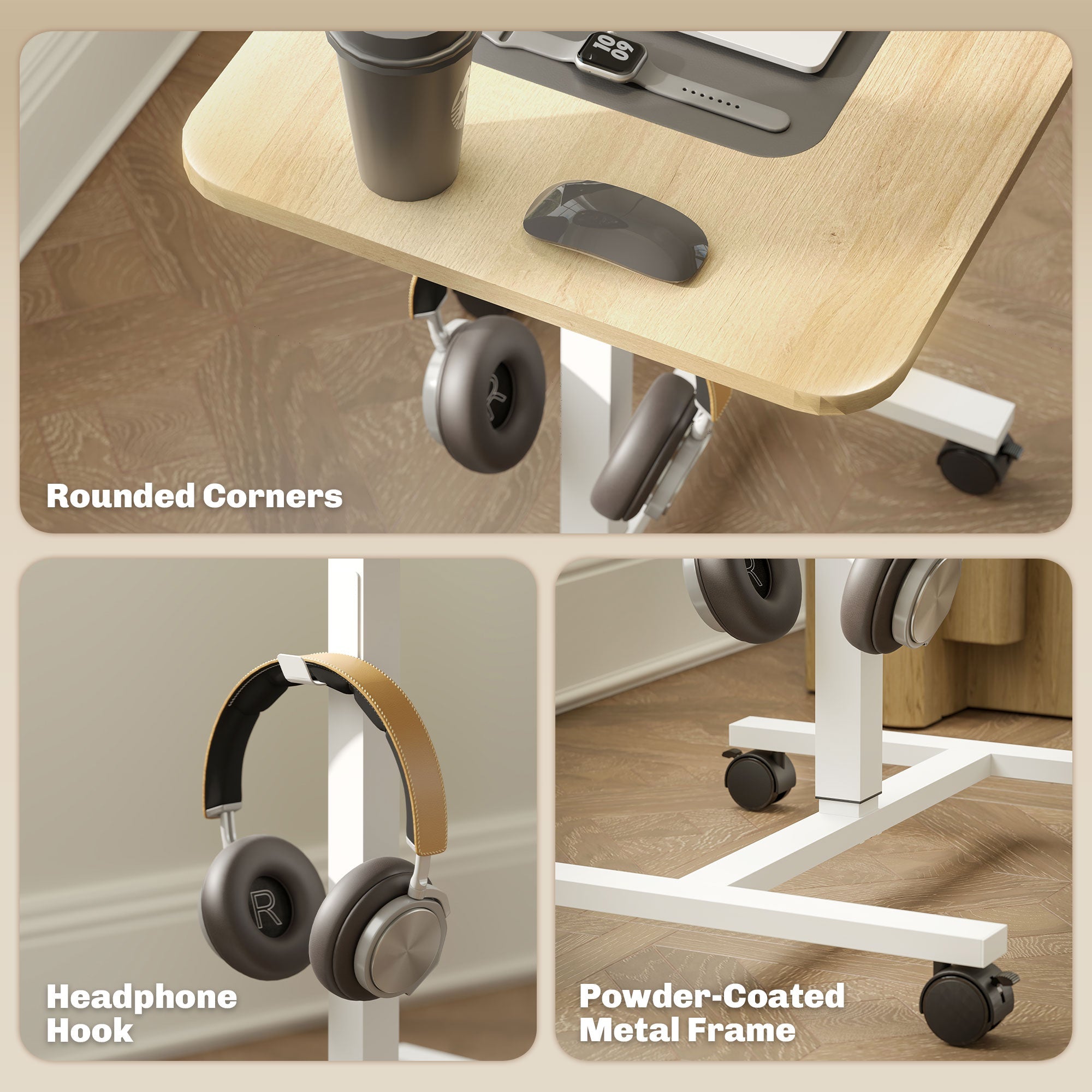Eden Height Adjustable Standing Desk with Wheels and Headphone Hook-Natural