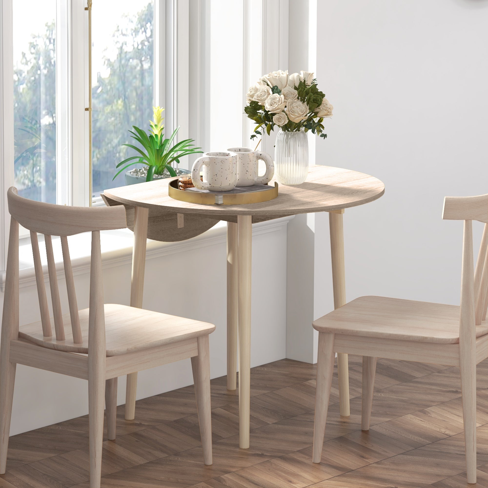Merrill Round Drop-Leaf/Folding Dining Table for Small Spaces-Oak