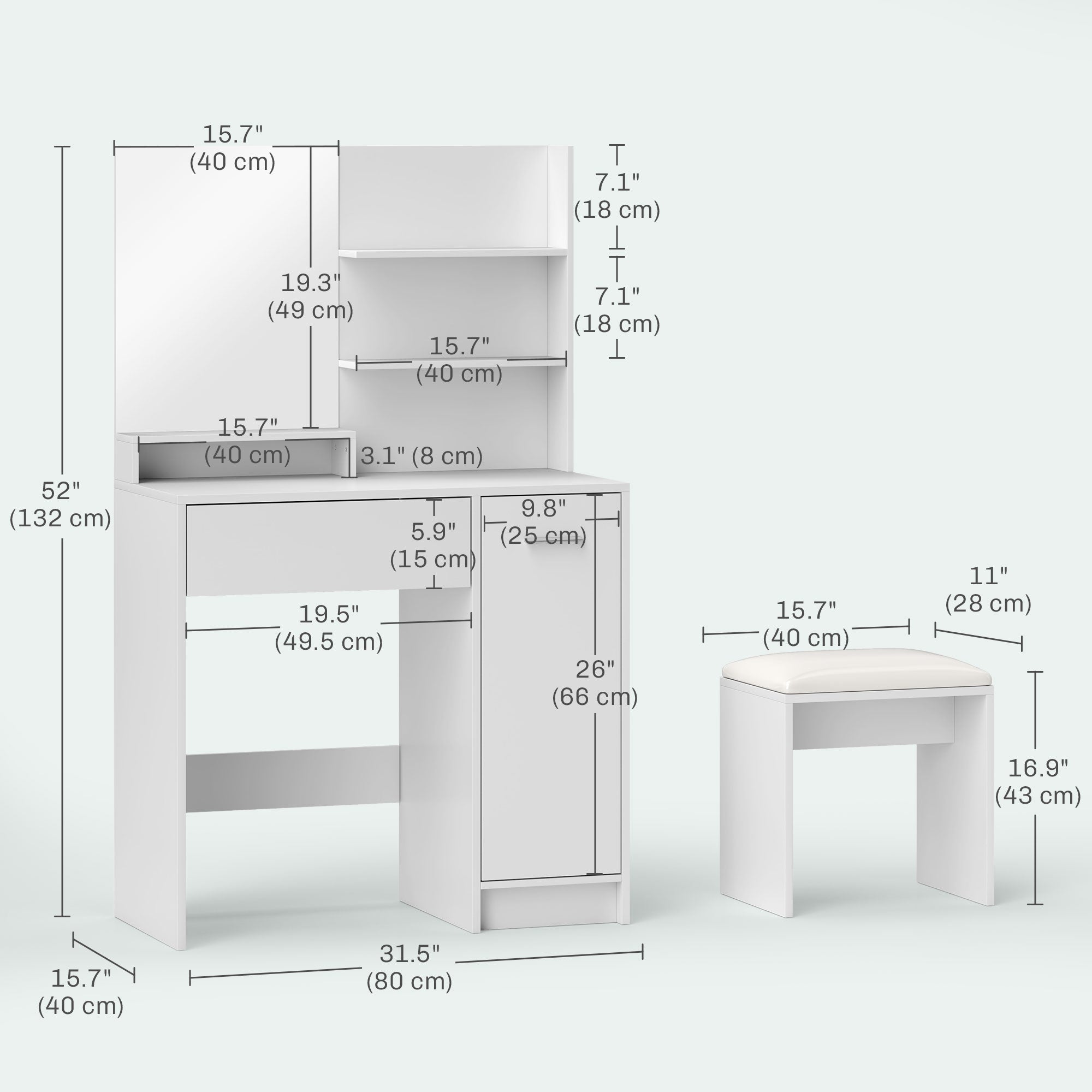Elise Makeup Vanity Set with Mirror, Stool and Adjustable Shelves-White