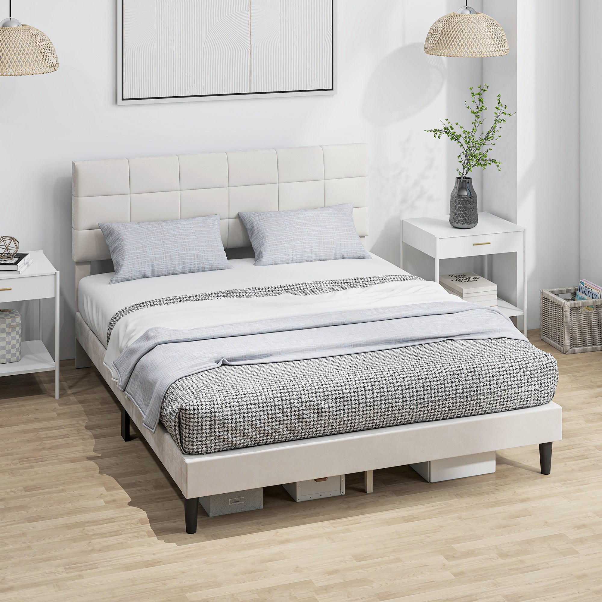 Harper Queen Size Bed Frame with Upholstered Headboard-Cream White