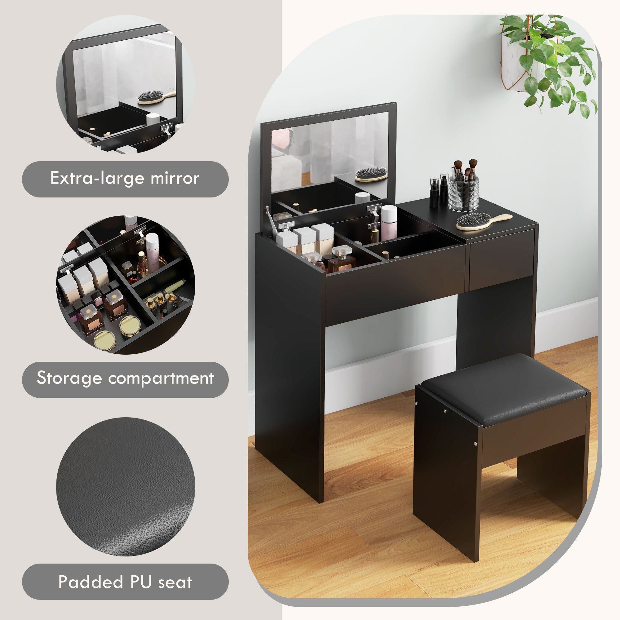 Mia Modern Vanity Set with Flip Top Mirror-Black