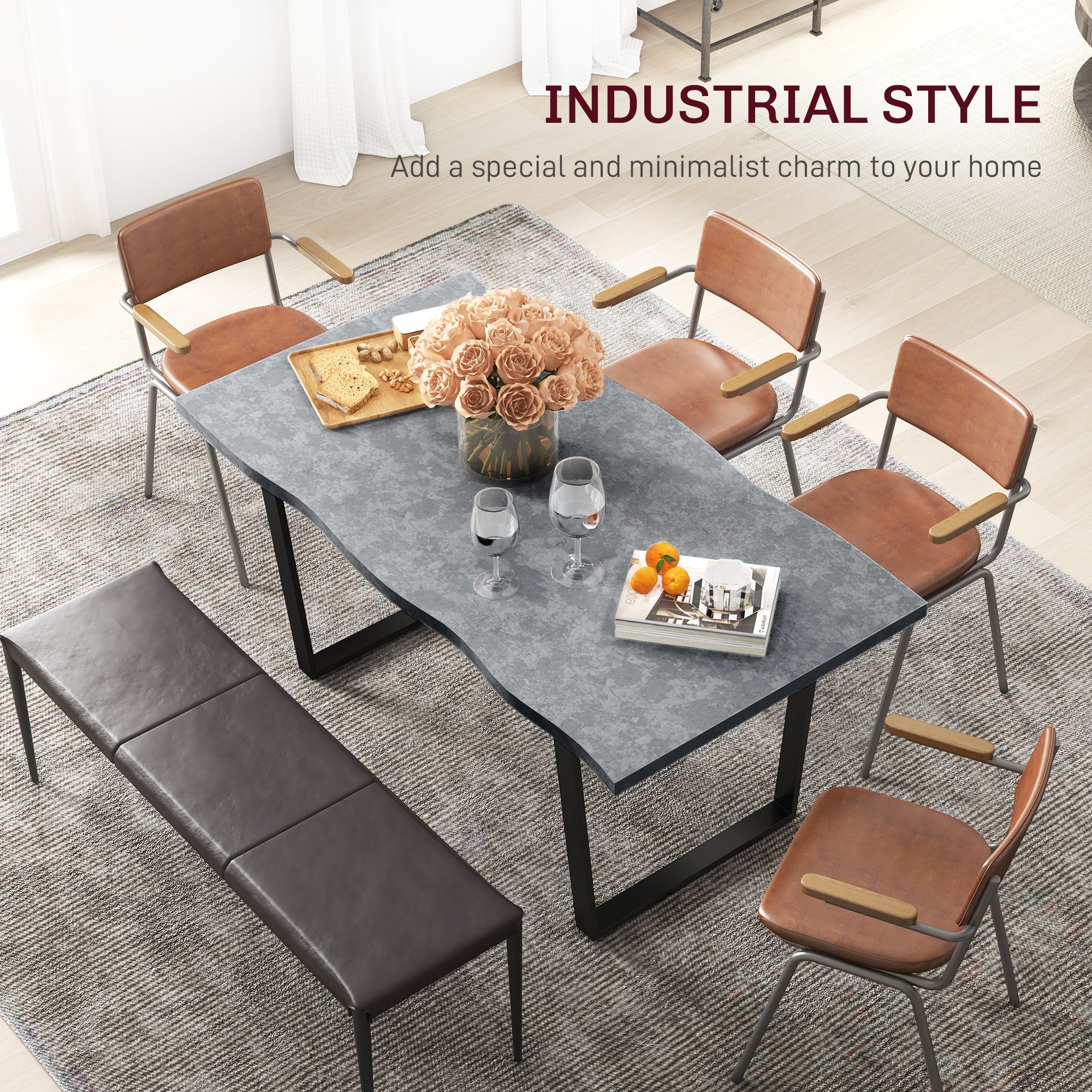 Ashton 63" Dining Table with Wave-edged Tabletop and Steel Legs-Cement Grey