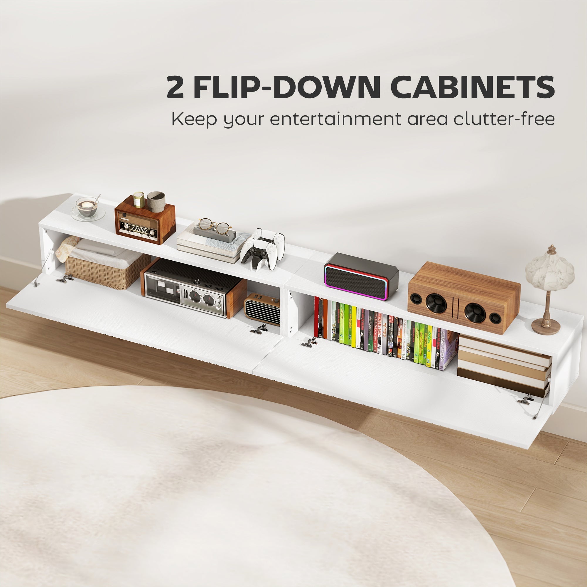Jesse 71" Floating TV Stand with 2 Fluted Flip-Down Doors for TVs up to 75"-White