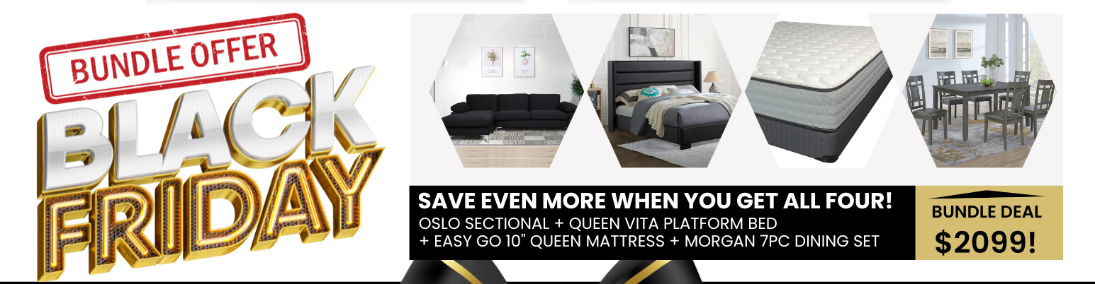 Black Friday sale advertisement for Furnish 4 Less with furniture items and discounts.