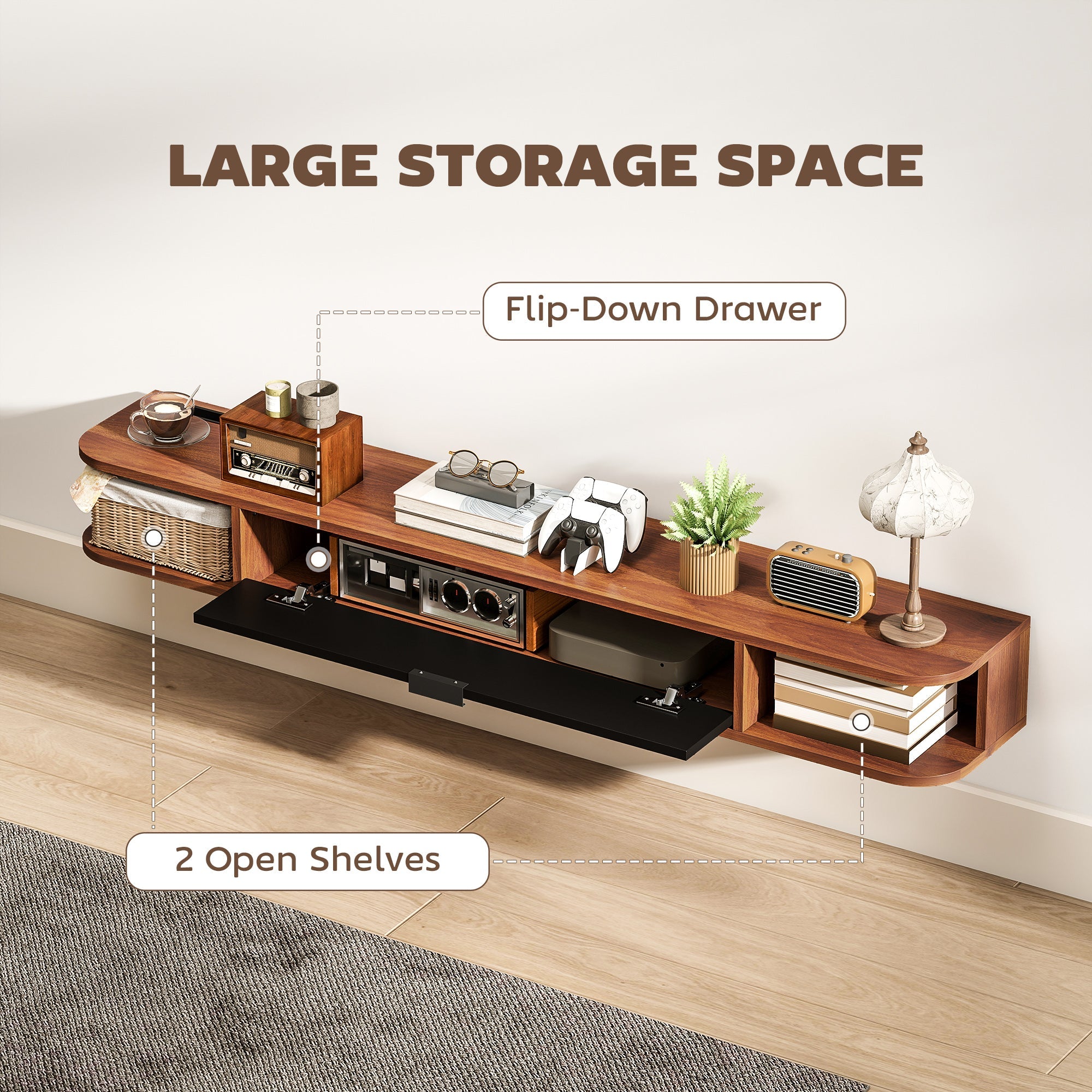 Lennox 55" Floating TV Stand for TVs up to 65" with Flip Drawer-Walnut