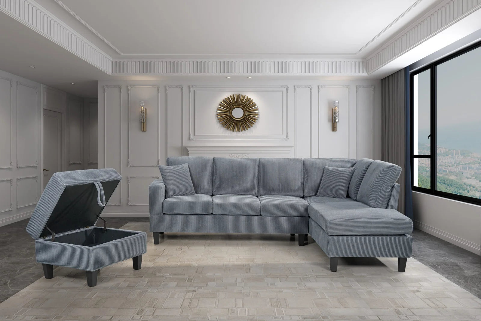 Cassidy Sectional with Storage Ottoman in Grey