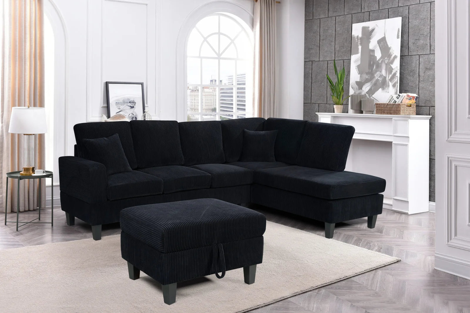 Cassidy Sectional with Storage Ottoman in Black