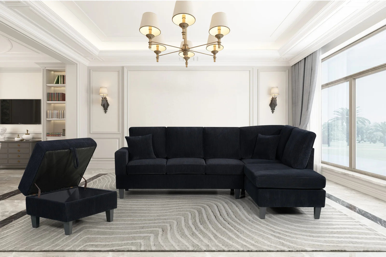 Cassidy Sectional with Storage Ottoman in Black