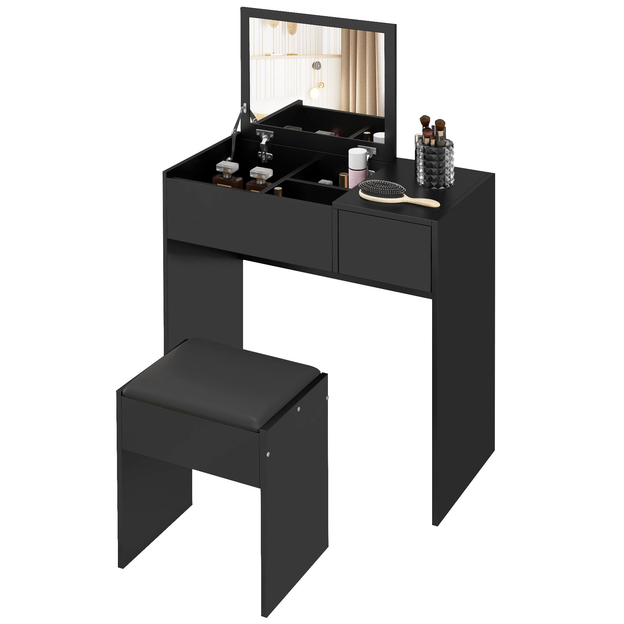 Mia Modern Vanity Set with Flip Top Mirror-Black