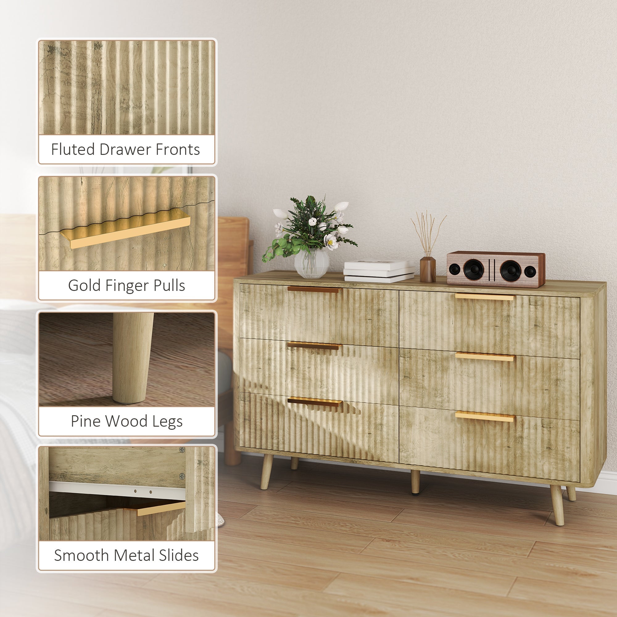 Dakota Dresser with 6 Fluted Drawers-Oak