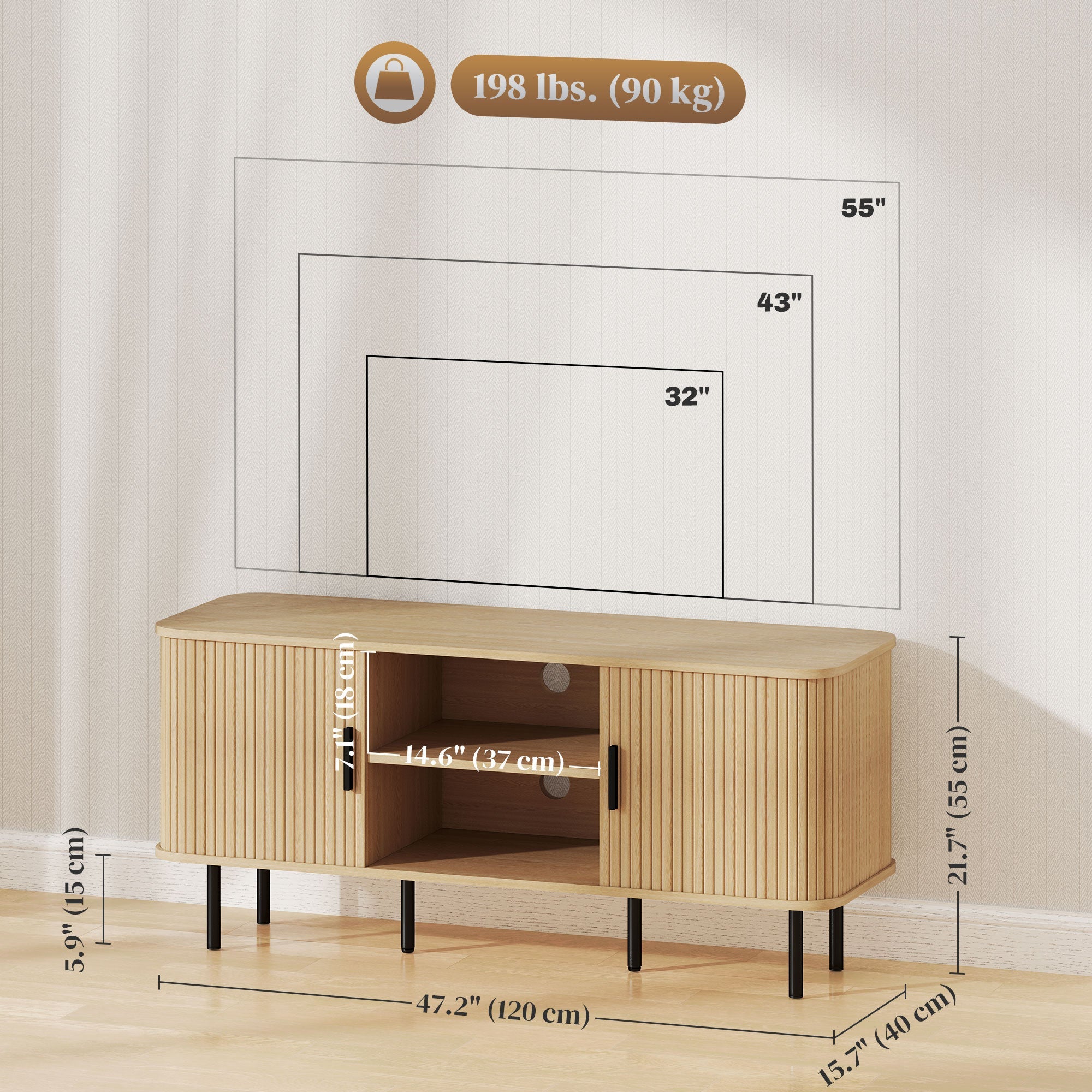 Darcy TV Stand with Storage Shelves and Cabinets for TVs up to 55 Inches-Oak Tone